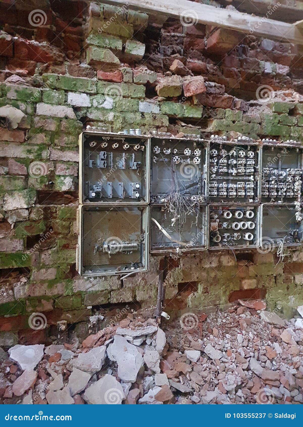 Old Fuse Boxes and a Brick Wall Stock Image Image of boxes, pattern