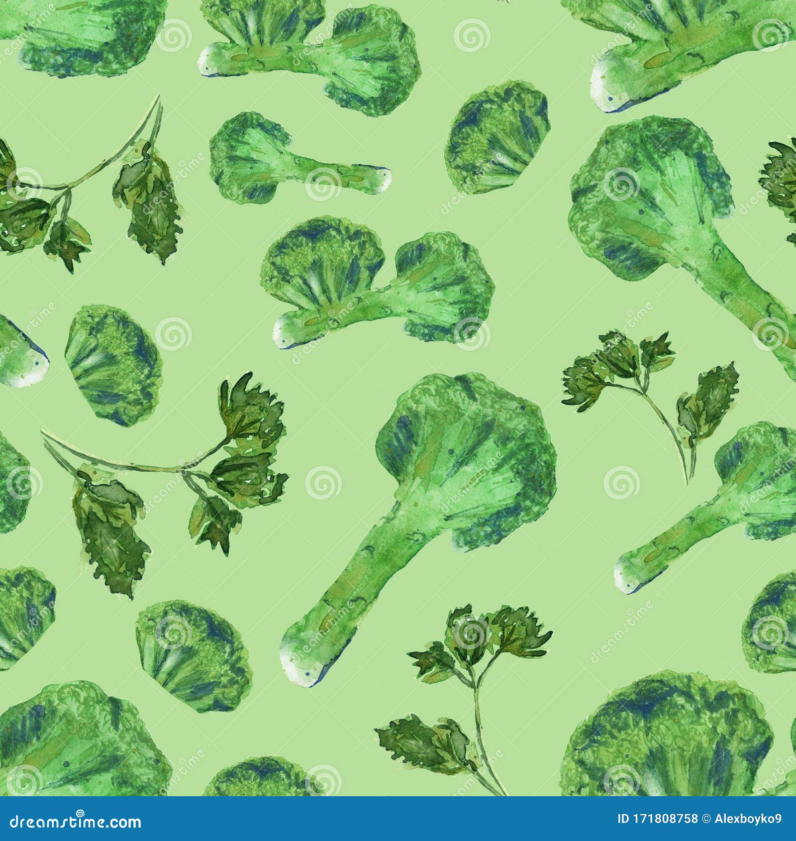 Pattern with Broccoli and Parsley on Green Background Stock ...