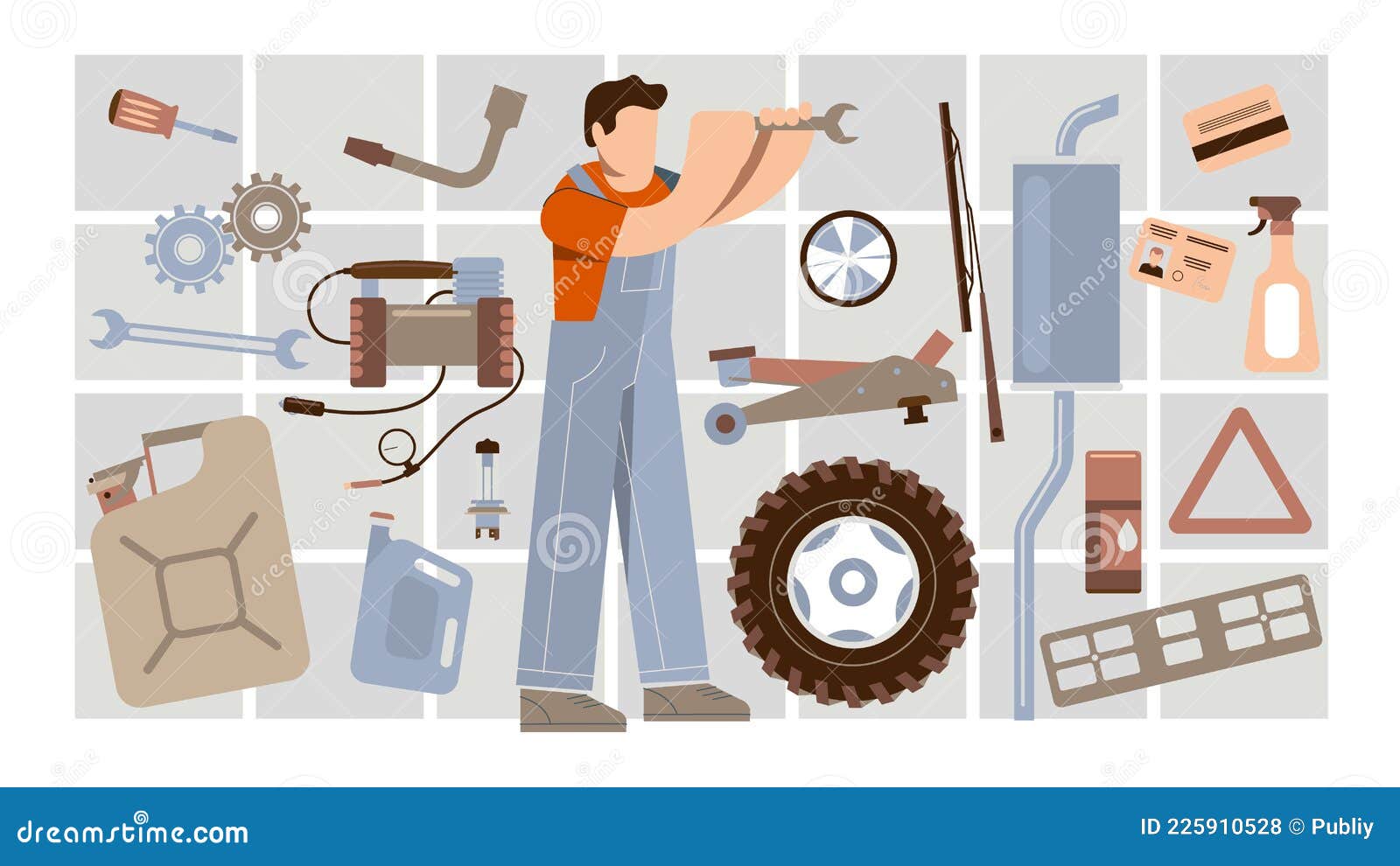 The Pattern of Car Accessories and Spare Parts Has a Flat Design. Stock