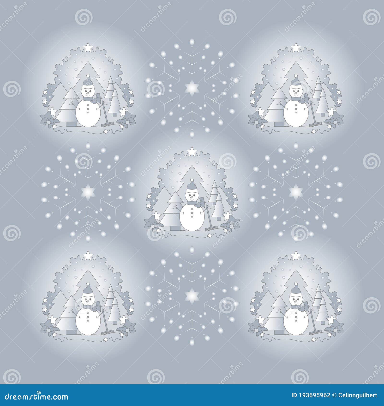 pattern christmas theme. snowman, fir forest, falling snow, star and flake.