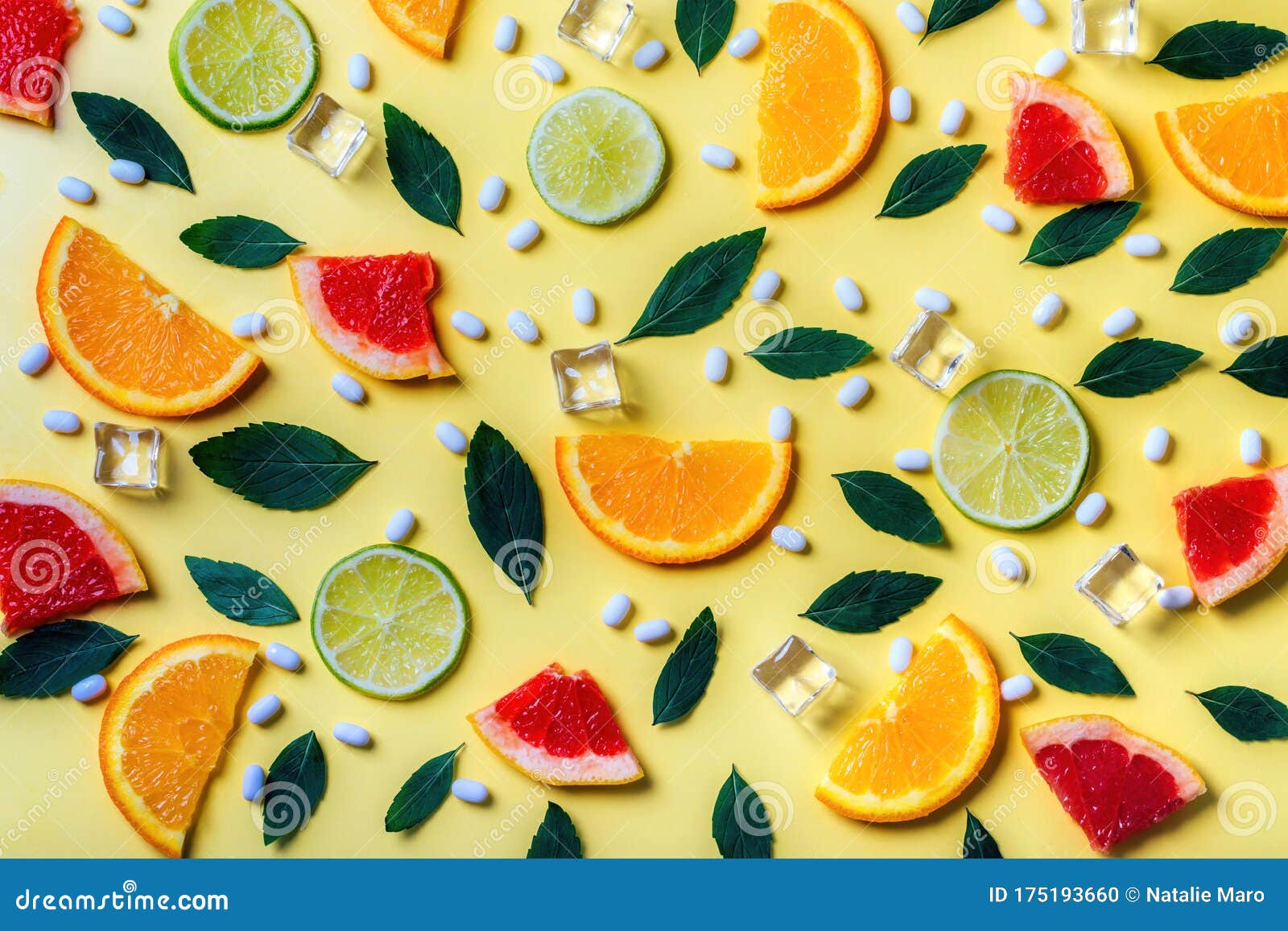 Pattern Of Citrus Lemon Lime Orange And Grapefruit Slices And Mint Herbs On Yellow Background Stock Photo Image Of Isolated Minimalism
