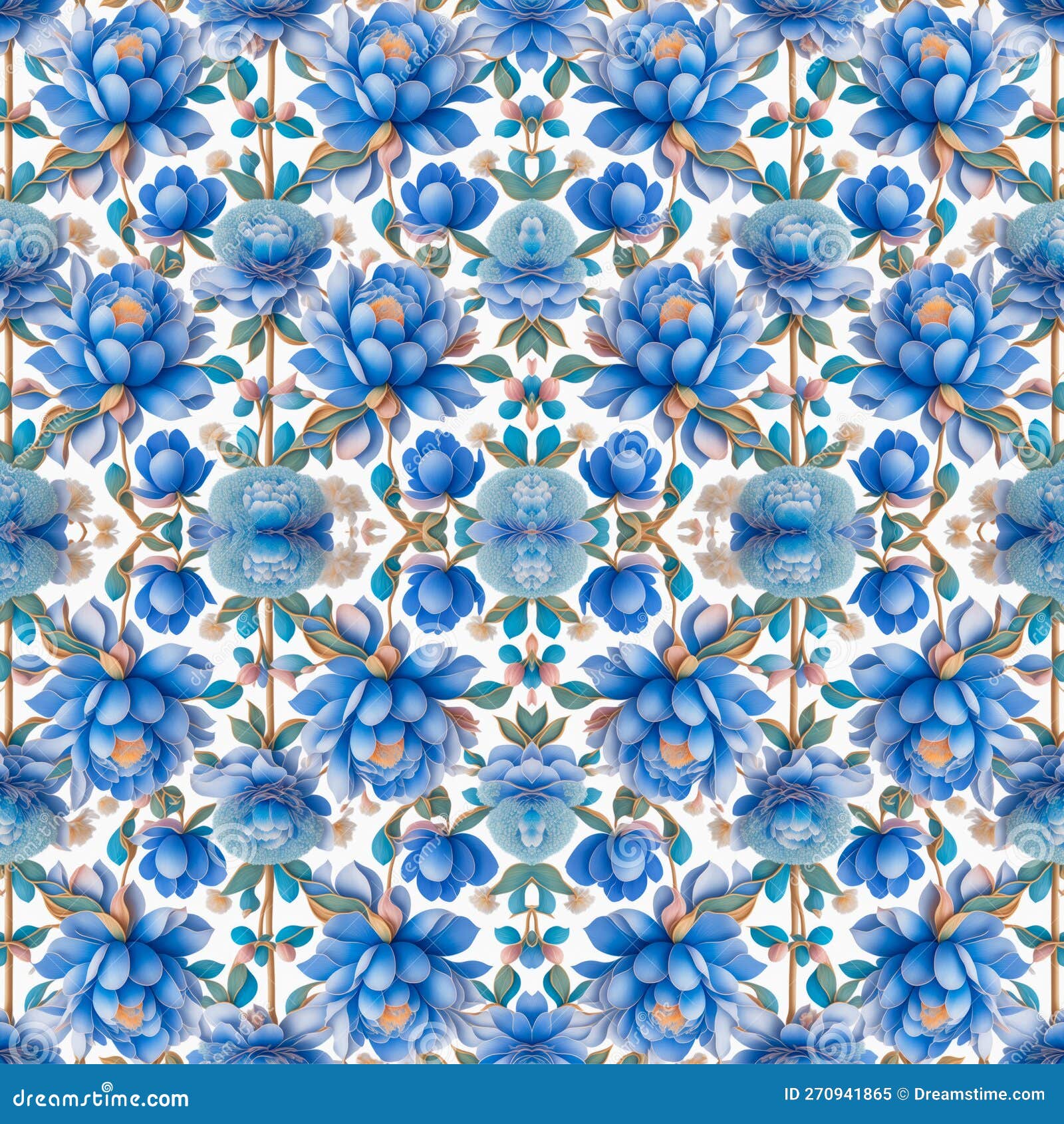 rapport seamless of magnolias with blue petals for pattern. generative ai. pattern mirrored repeat duplicates background