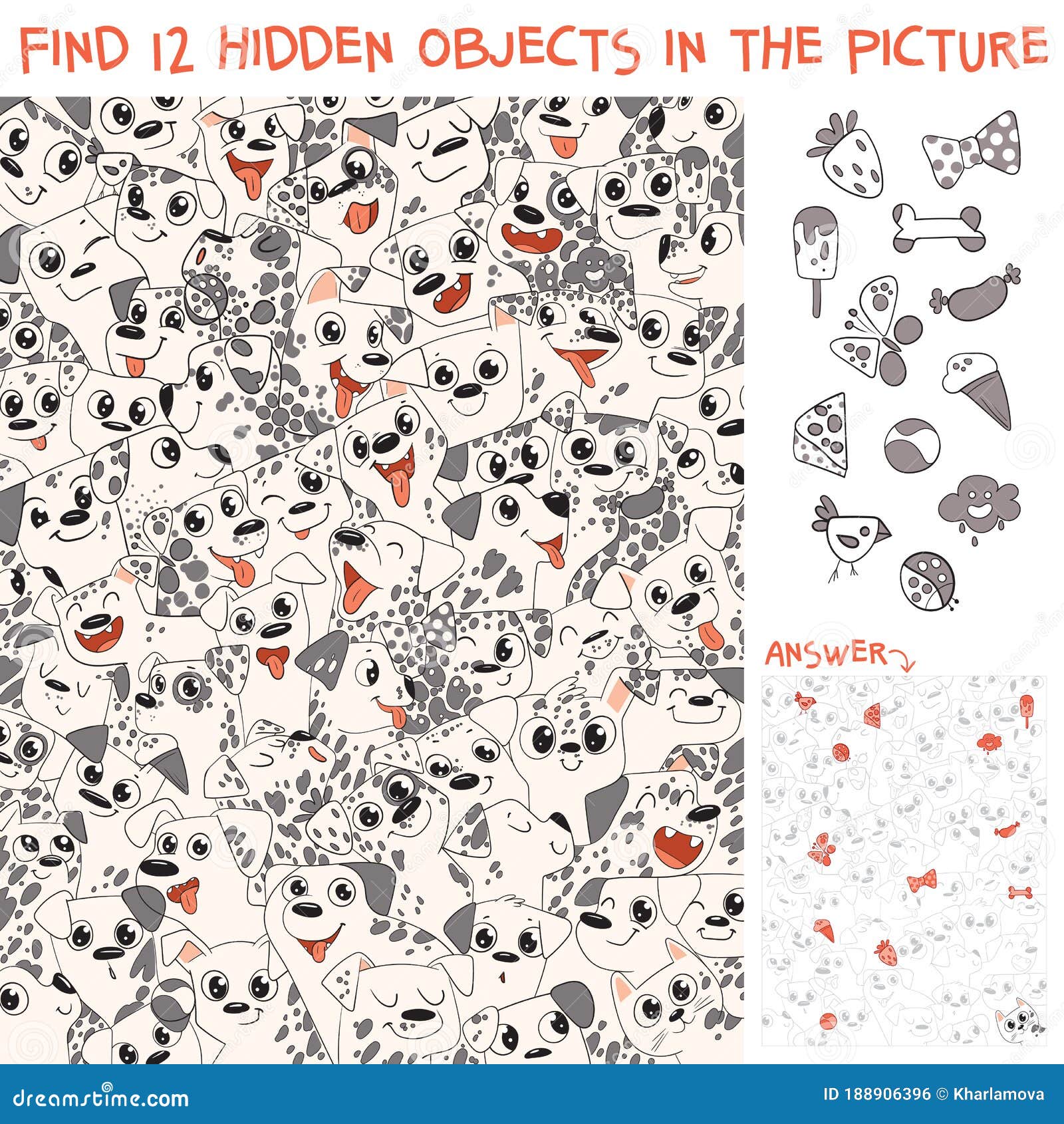 pattern of dalmatian puppies. find 12 hidden objects