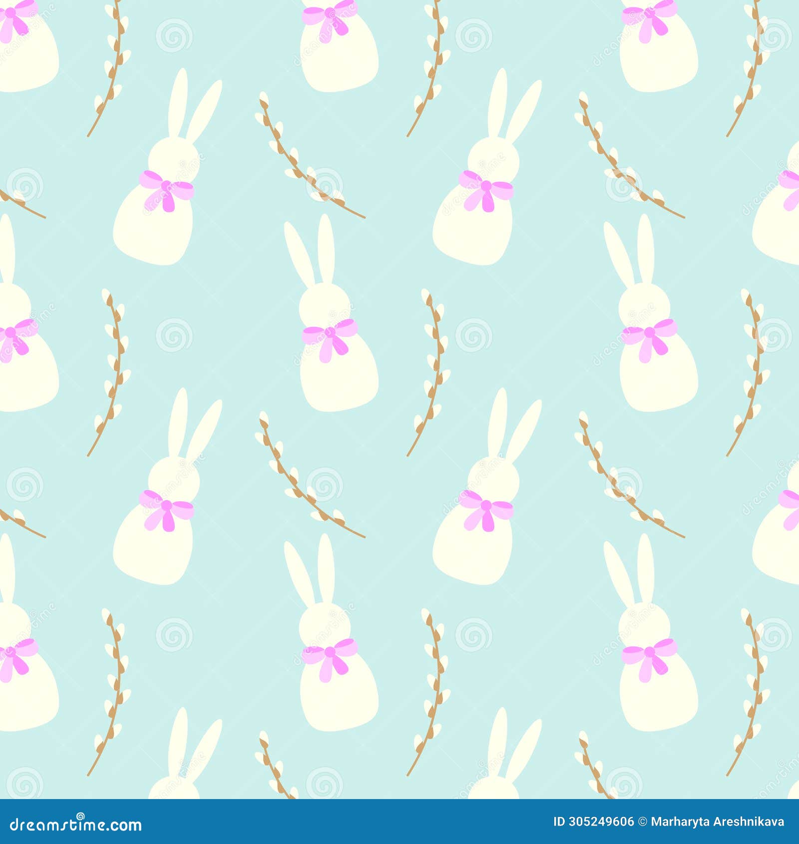 Pattern with Easter Bunnies and Willow Branches on Blue Pastel Colors Background. Stock