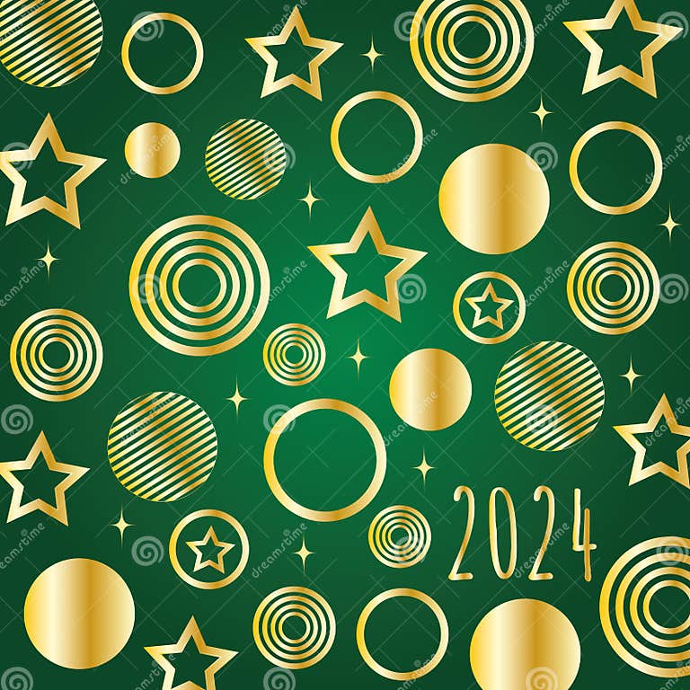 Pattern of Golden Circles and Balls with the Number 2024 on a Green