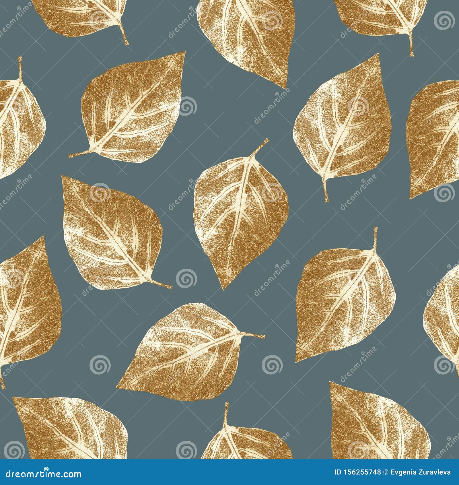 Gold leaf seamless pattern on blue background. Leaf print with