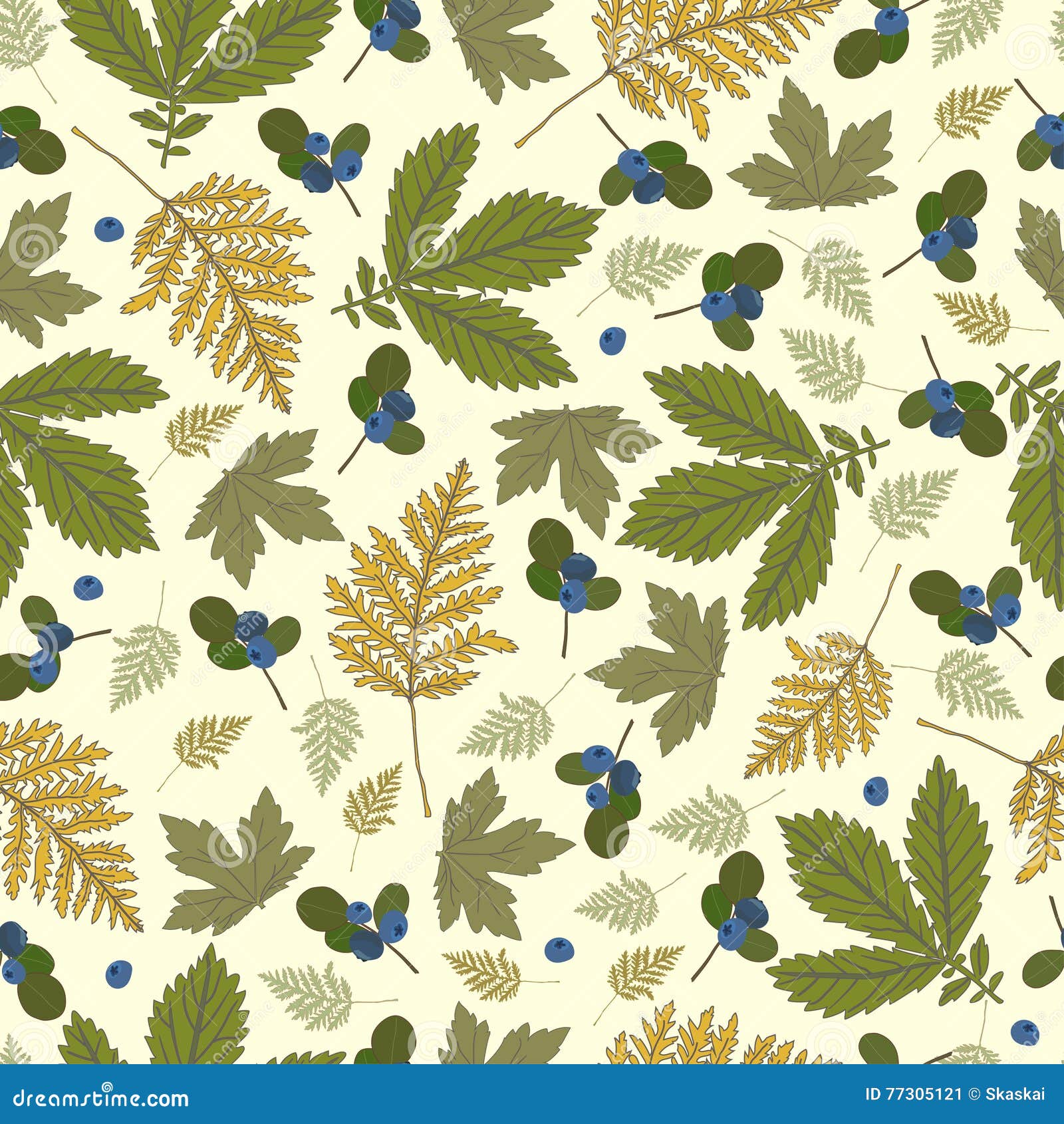 pattern with green leaves and blueberries