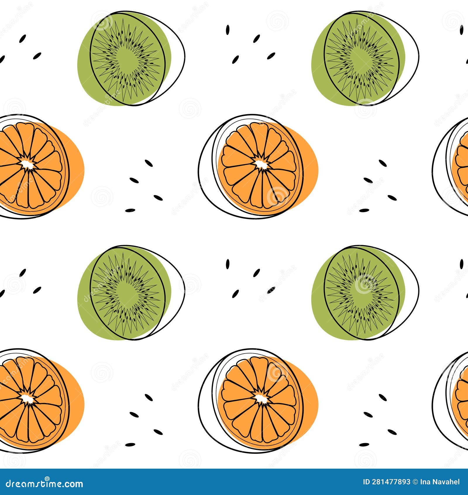 Pattern of a Illustration of a Kiwi and Orange Fruit. Lines Art