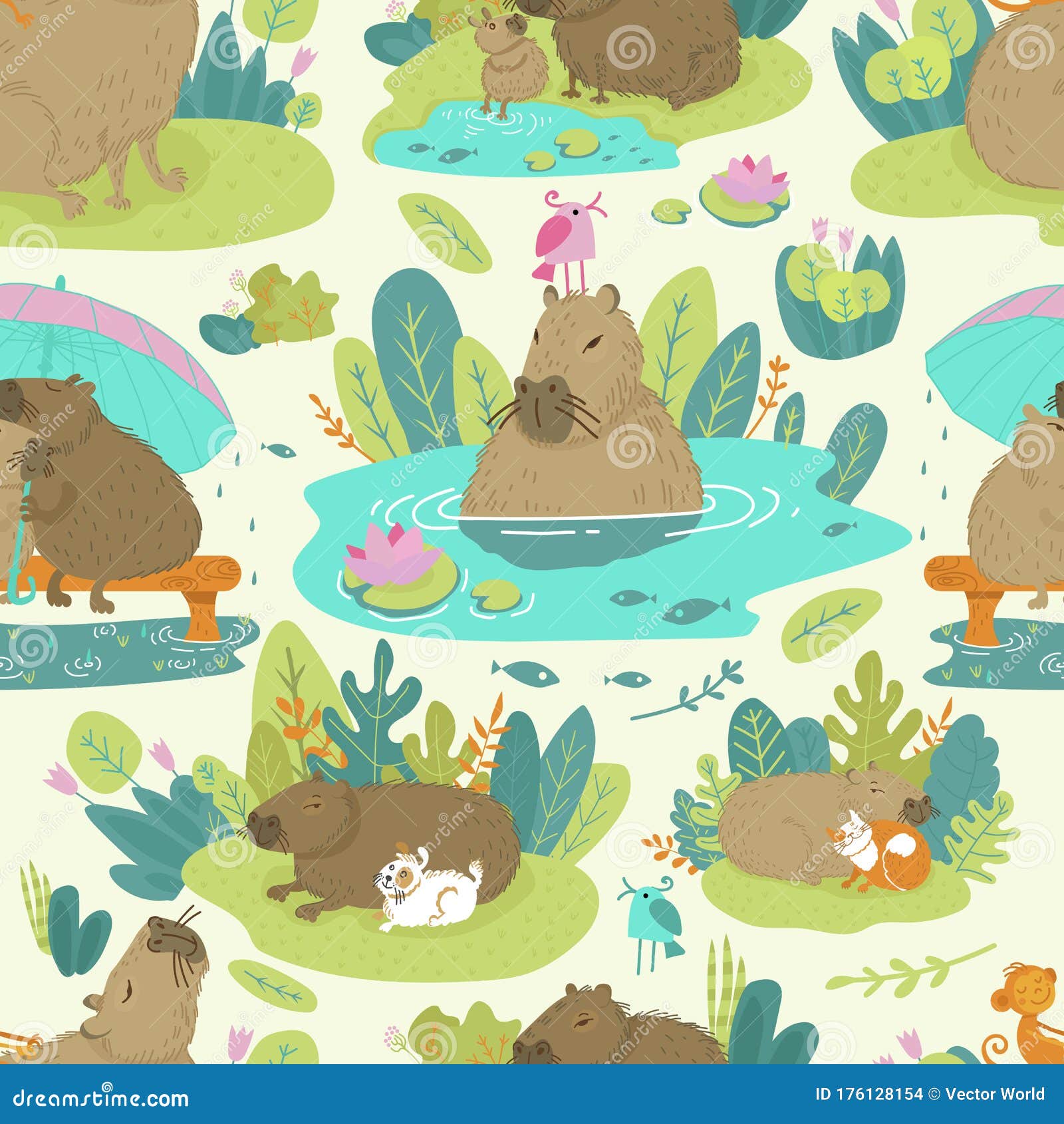 Pattern Image of the Capybara on the Jungle Green Forest and Lake Vector  Illustration Funny Cartoon Animal Stock Vector  Illustration of heavy  cute 176128154