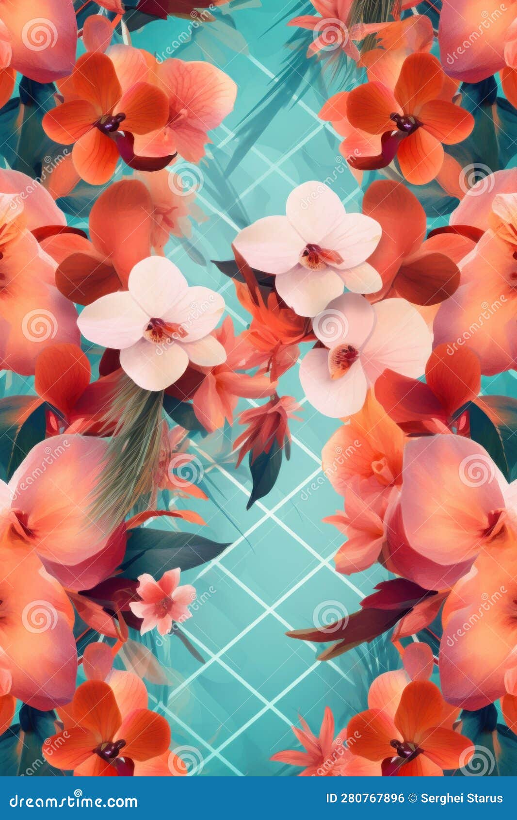 A Pattern of Orange and White Flowers on a Blue Background. Generative