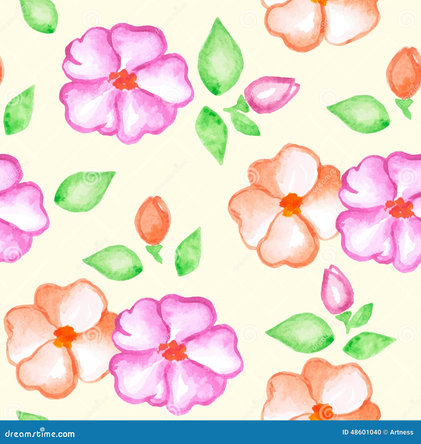 Pattern with Pink and Orange Watercolor Flowers Stock Vector