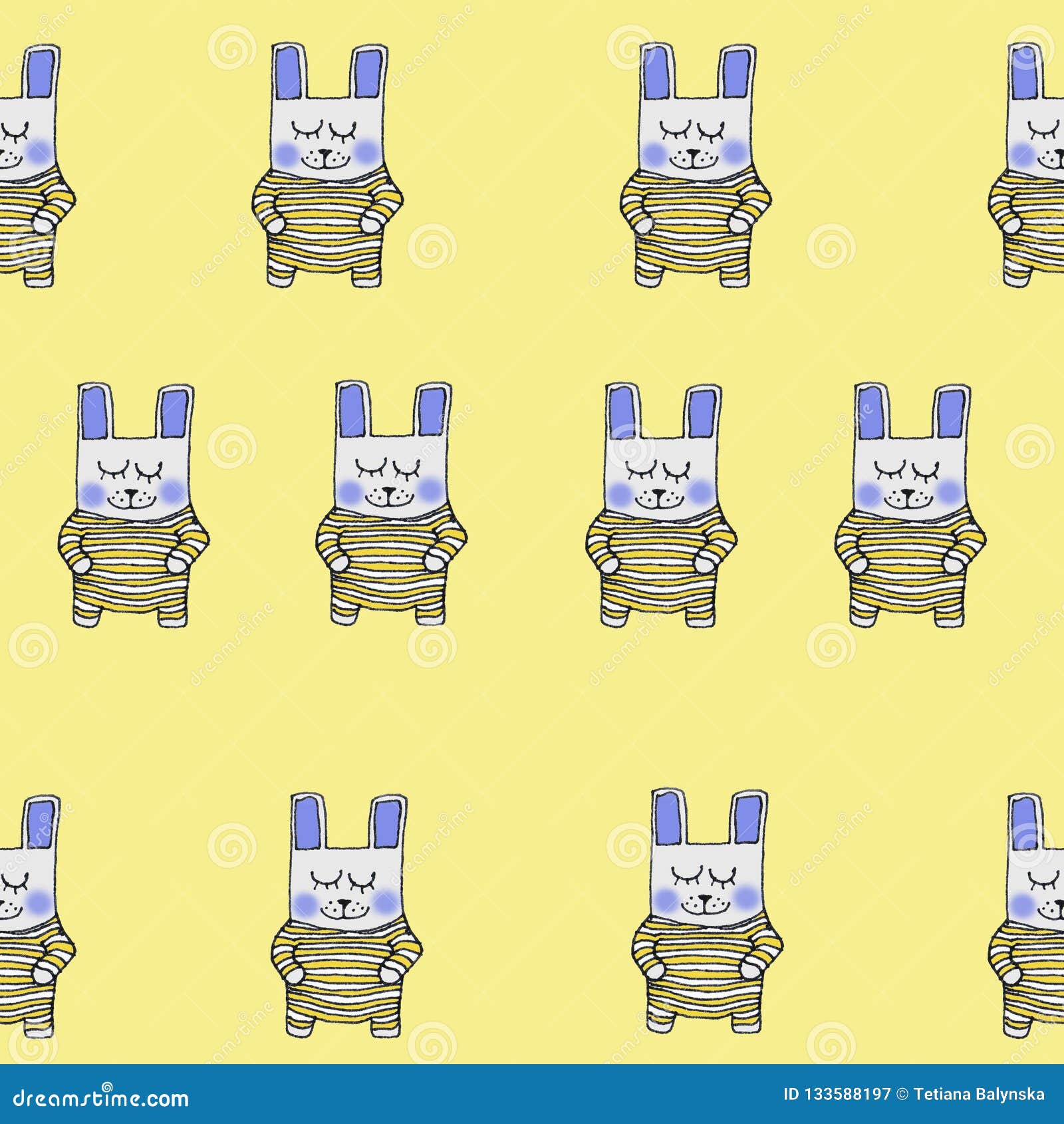 pattern rabbits in striped clothes on light yellow background