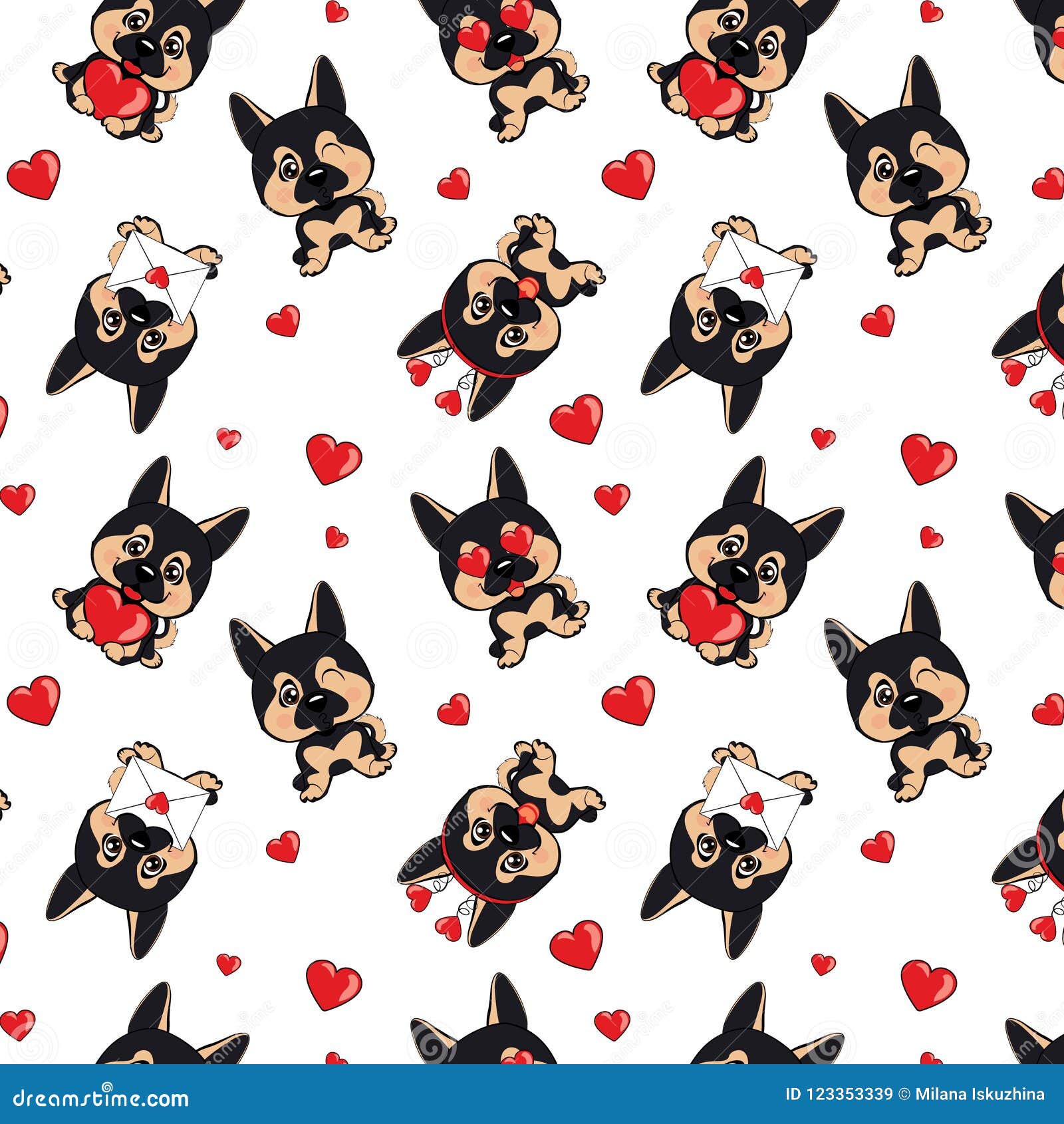 A Pattern With Small Brown Dogs With Red Hearts On A White