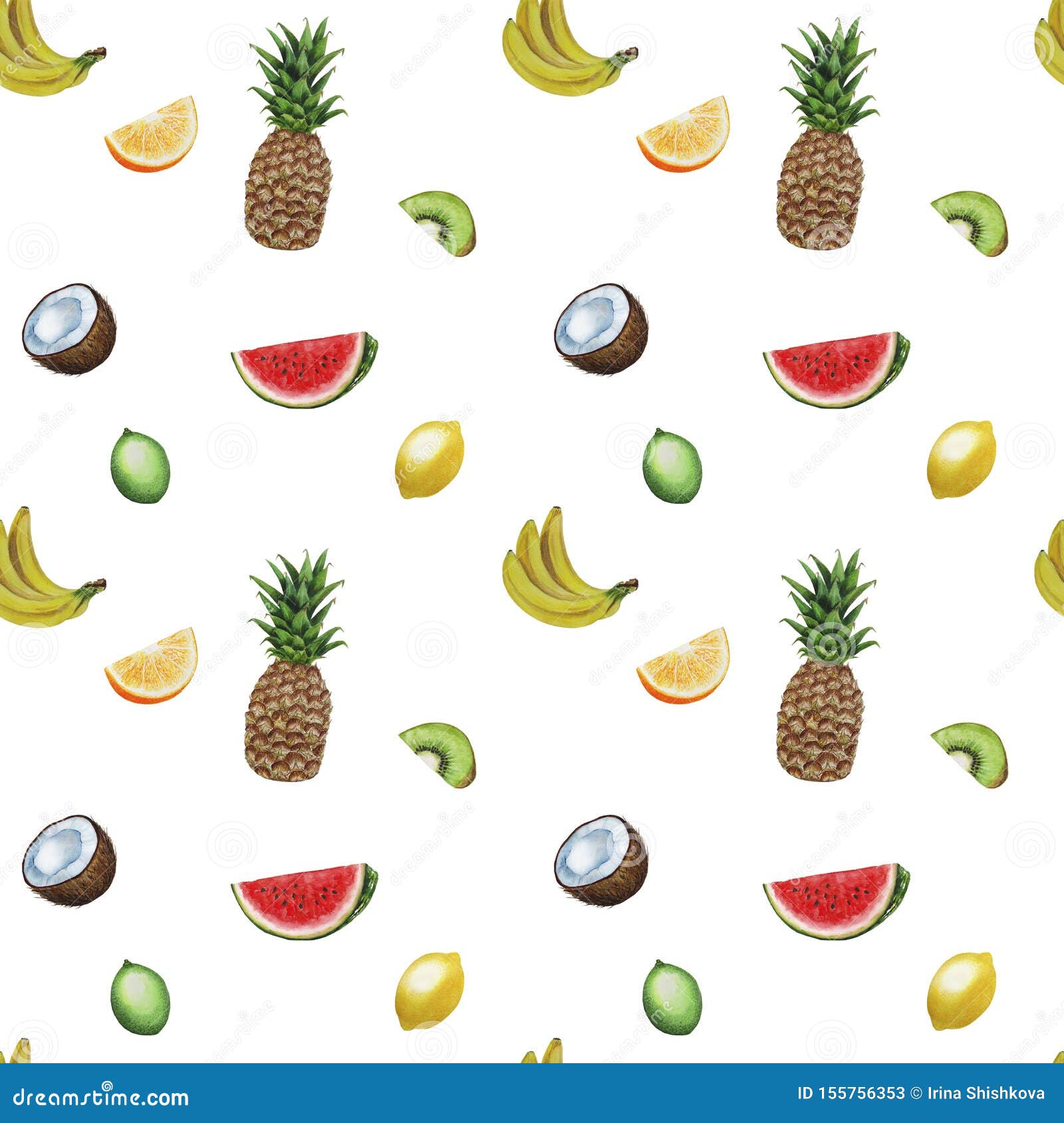 pattern tropical fruits banana pineapple banana coconut orange watermelon watercolor  tropics food digital paper texti