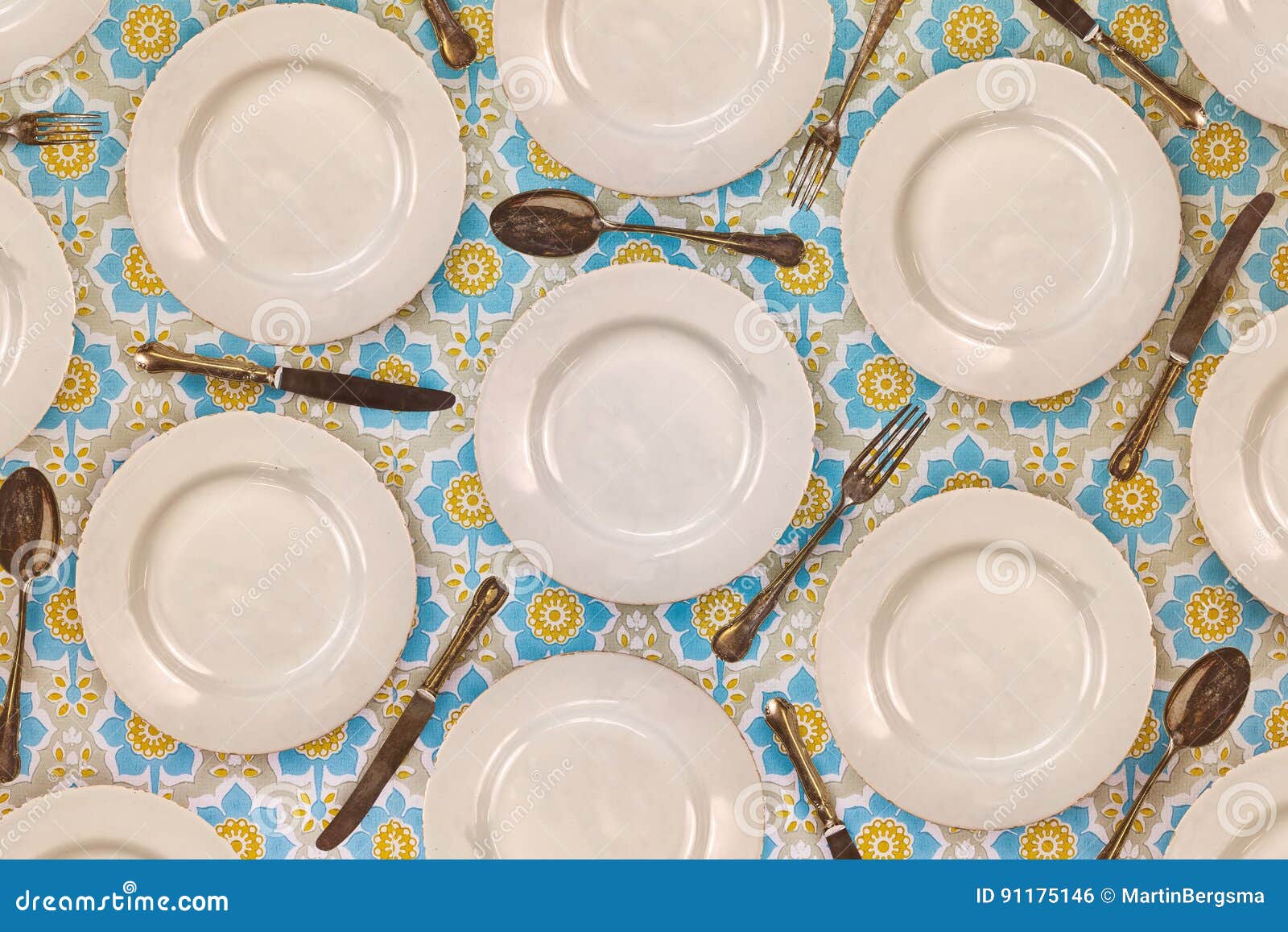 Pattern of Vintage Dinner Plates, Knives, Forks and Spoons Stock Photo Image of group, setting