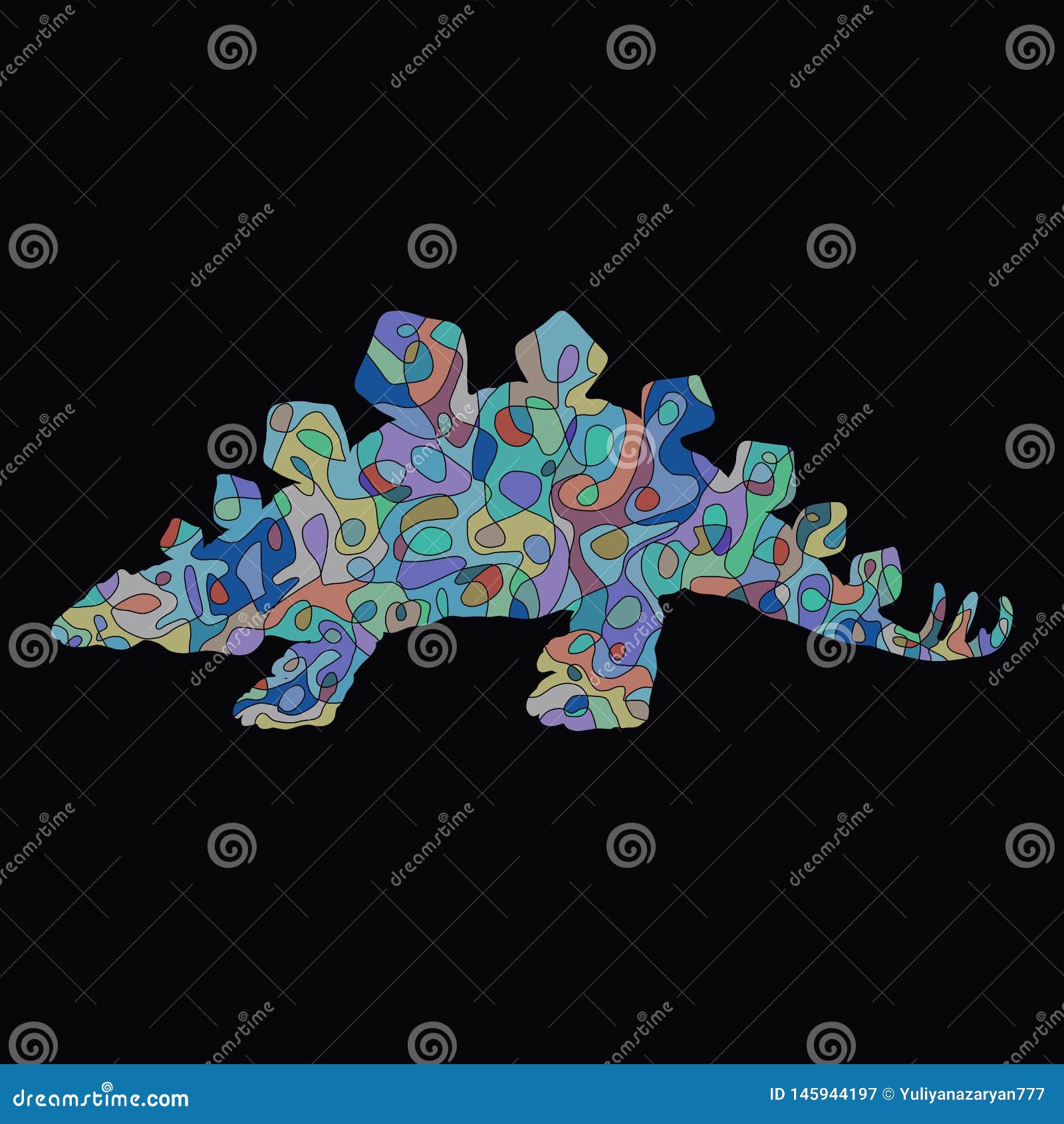 Patterned Creative Dinosaur With Spikes On His Back On Black Background Stock Illustration