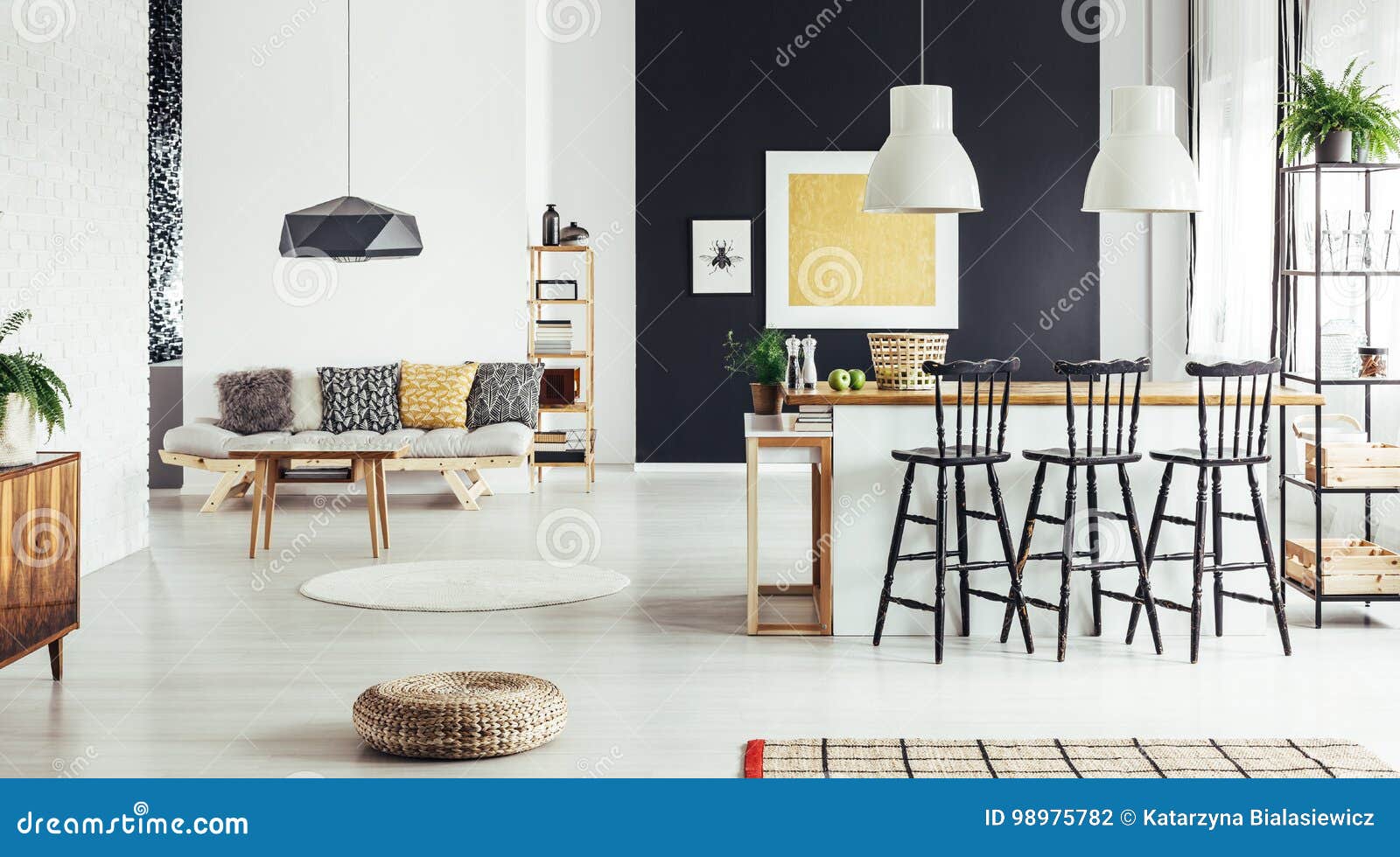 retro dining room with pouf