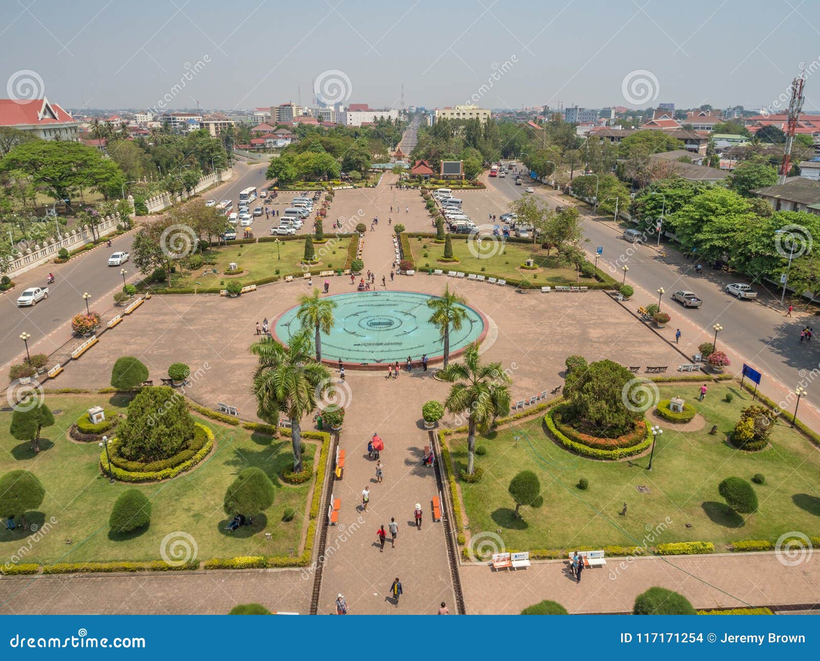 Park And Gardens In Front Of Patuxai Cityscape Laos Editorial