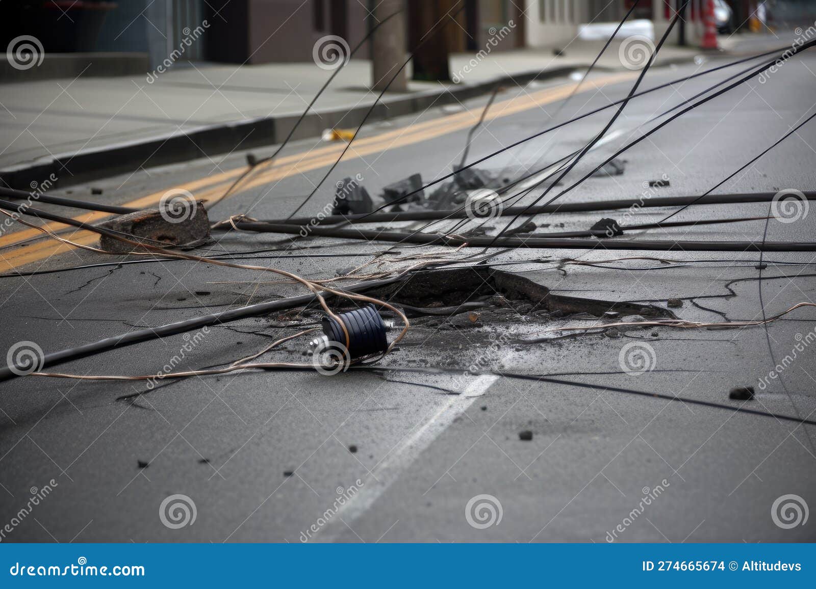Pavement Being Damaged by Fallen Power Line Stock Photo Image of