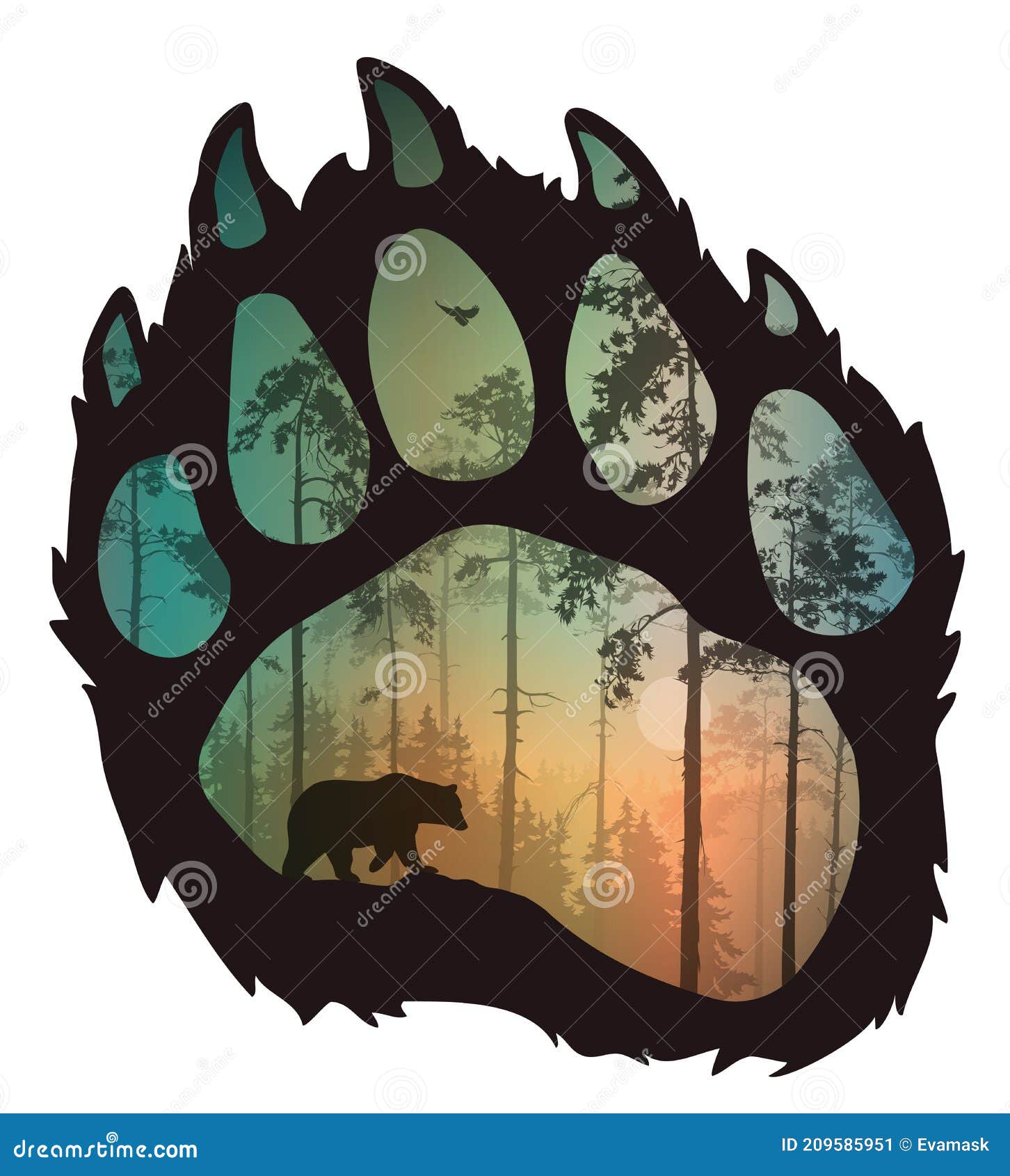 paw of a bear, inside a silhouette of a forest, a bear and a flying ow