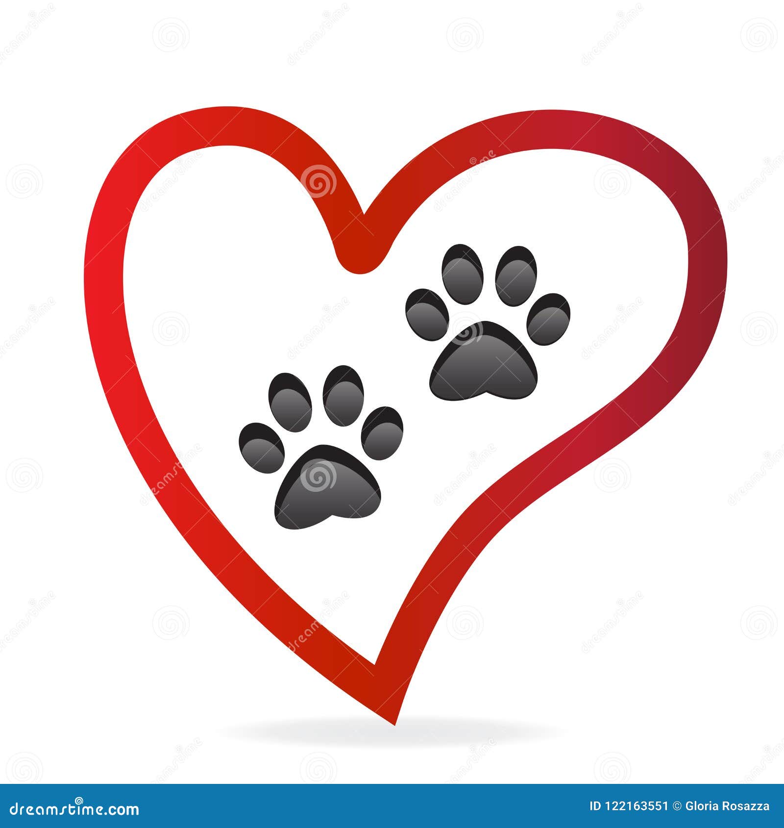 paw pet inside of love heart logo  icon.paw prints pair