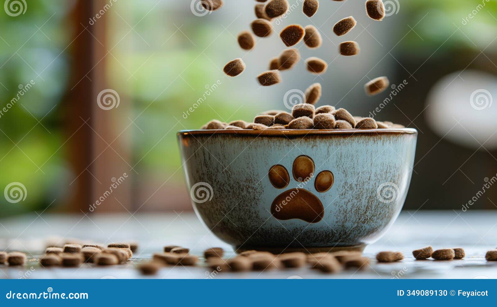 paw-sitive nourishment: a bowl of kibble, adorned with a paw print, is showered with more delicious dog food