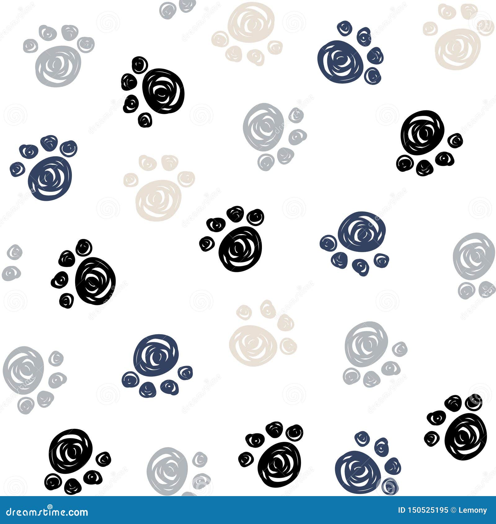 seamless pattern with doodle dog paws. black color animal print.  background.