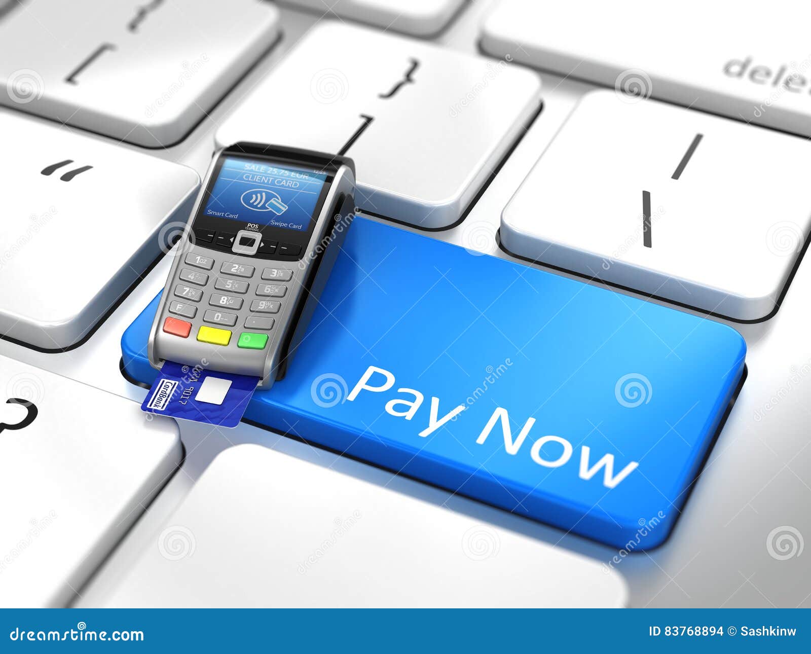 Pay Online Concept Payment Terminal on Computer Keyboard Stock