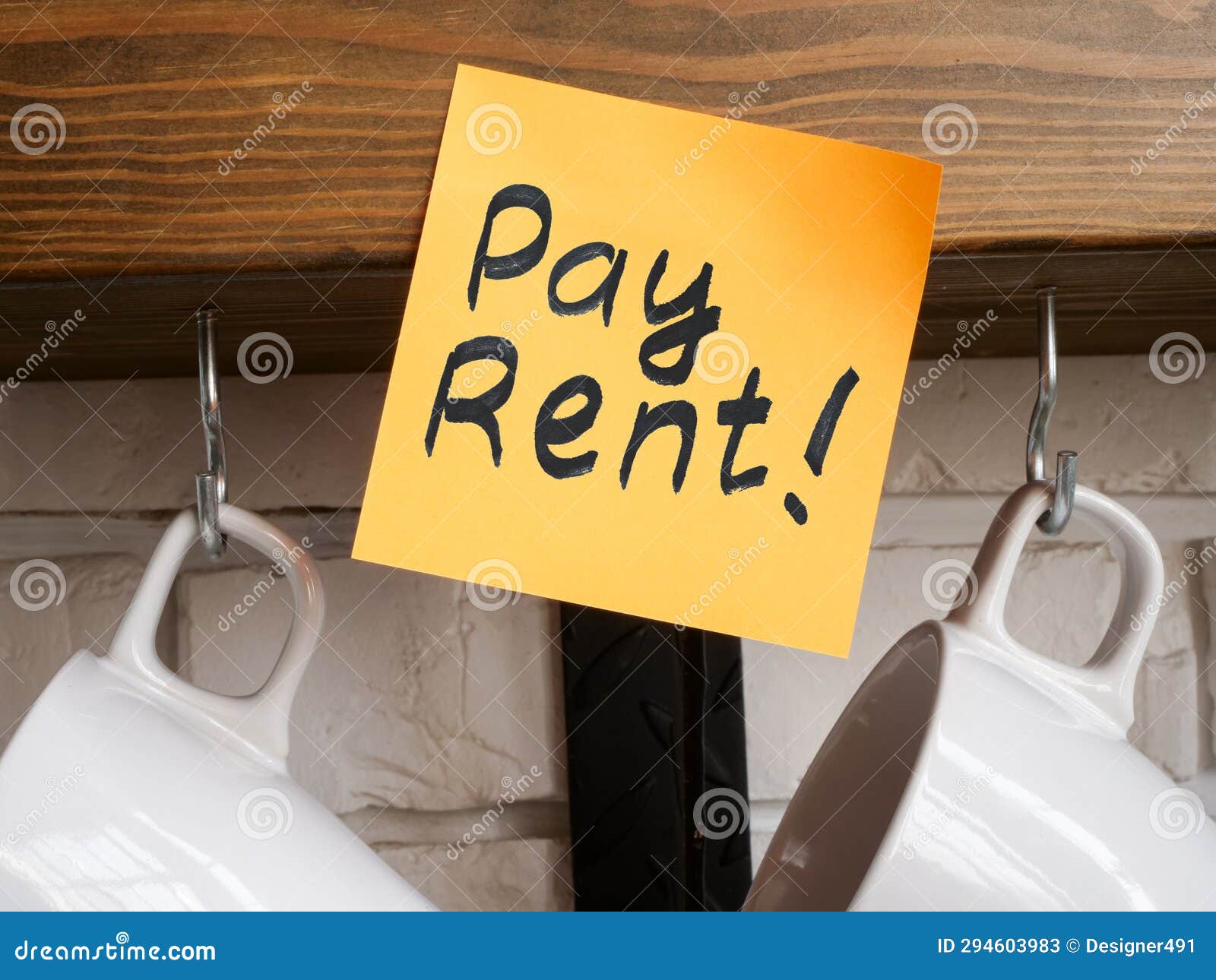 Pay Rent Reminder Attached To the Shelf. Stock Image Image of
