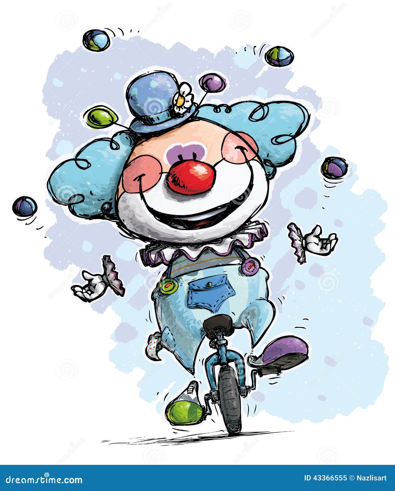 Payaso en colores del muchacho del Unicycle que hacen juegos malabares. Ejemplo Historieta-artístico de un payaso en hacer juegos malabares de Unicle - colores del muchacho