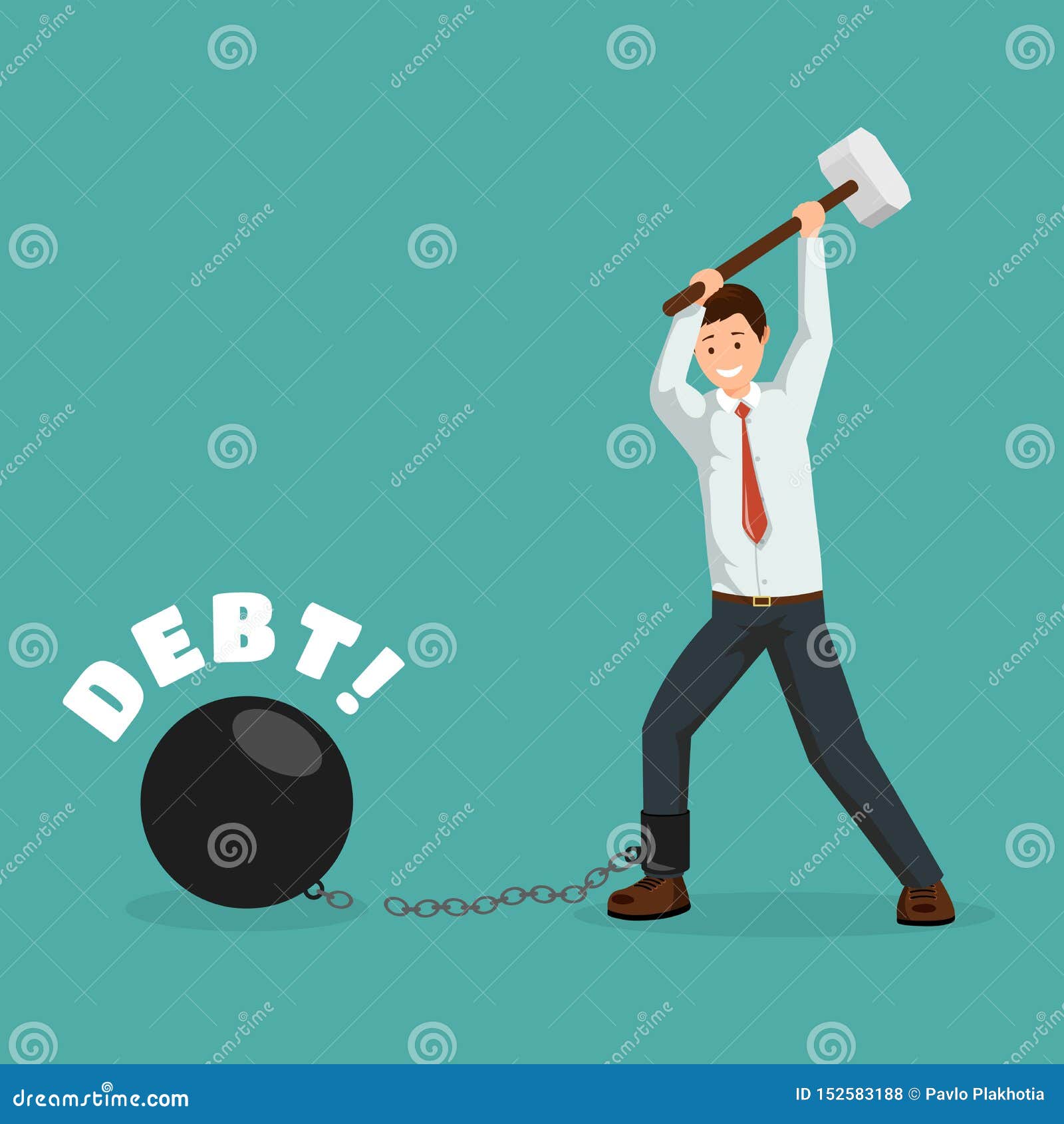 paying debt metaphor  banner template. cartoon man breaking financial chains with sledge hammer. happy debtor