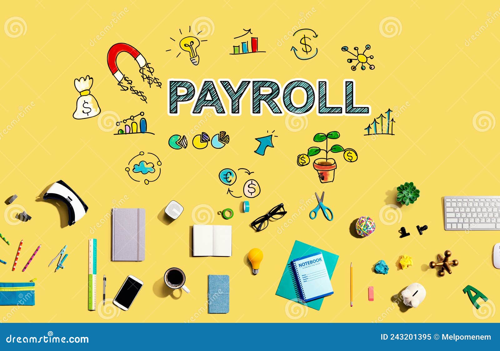 Payroll with Electronic Gadgets and Office Supplies Stock Image Image