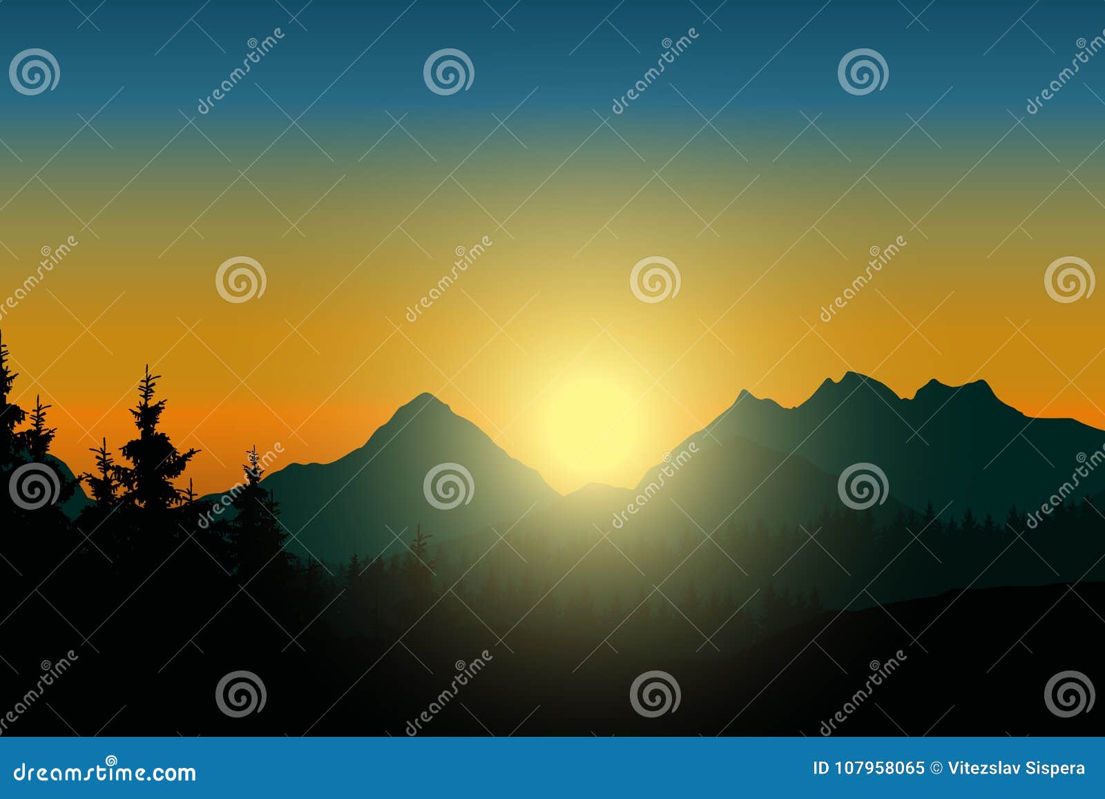 Paysage De Montagne Avec La Foret Sous Le Ciel Avec Le Soleil Levant Illustration De Vecteur Illustration Du Brouillard Horizon