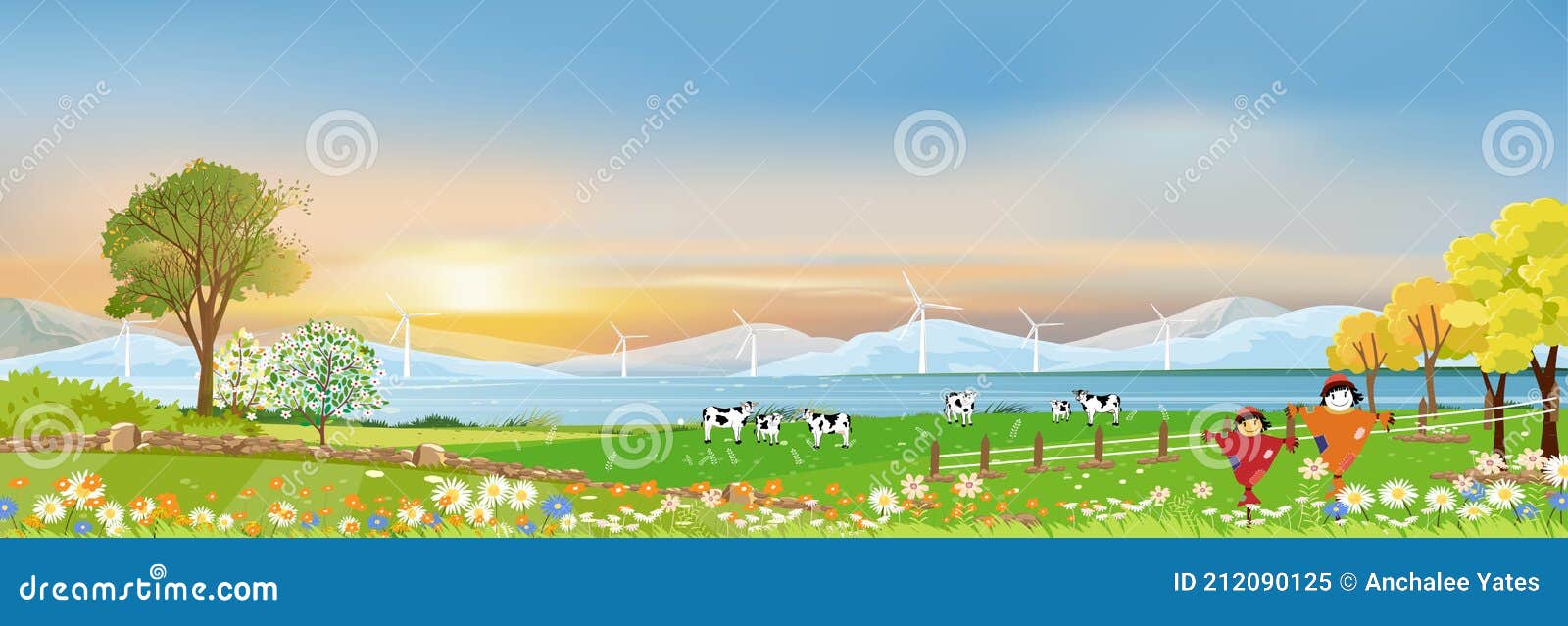 Paysage De Printemps Avec Animaux Paysage De Printemps Dans Un Village Avec Champ Vert Et Coucher De Soleil Vecteur Cartographier Terres Agricoles Rurales Avec Des Illustration de Vecteur - Illustration du fond, animal: 212090125