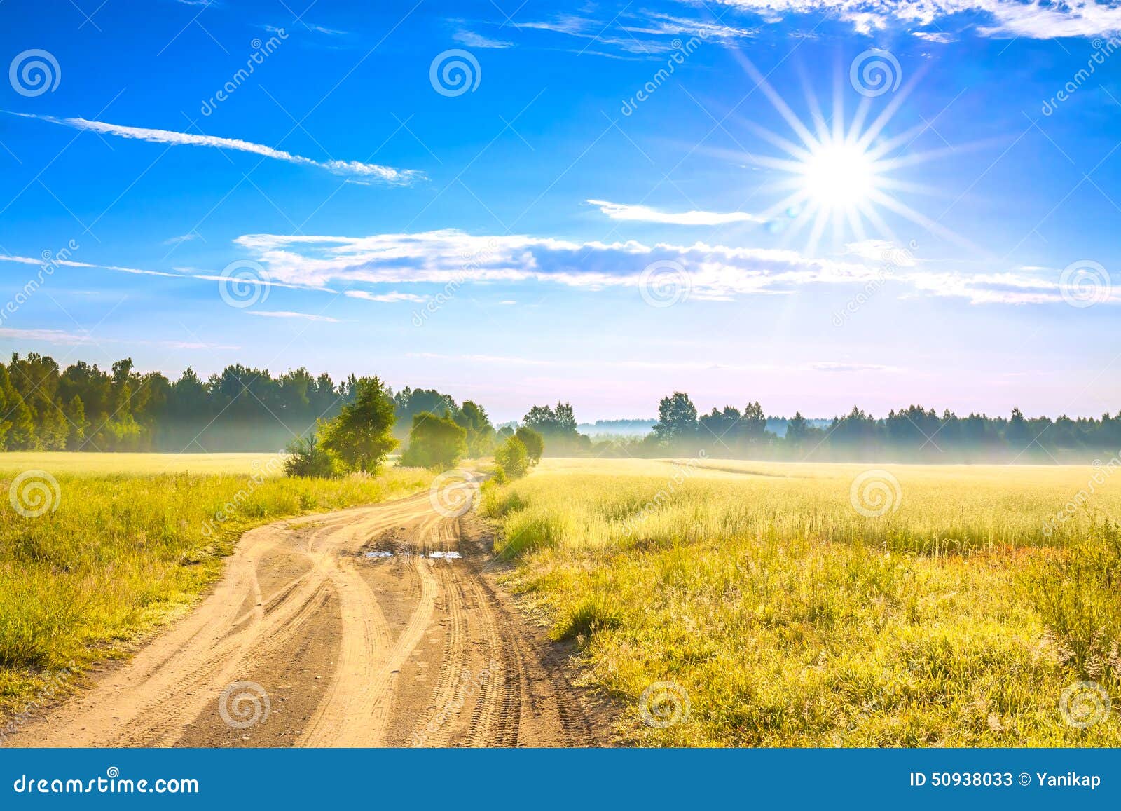 Paysage Rural D Ete Avec Un Champ Un Lever De Soleil Et Une Route Image Stock Image Du Bleu Clair 50938033
