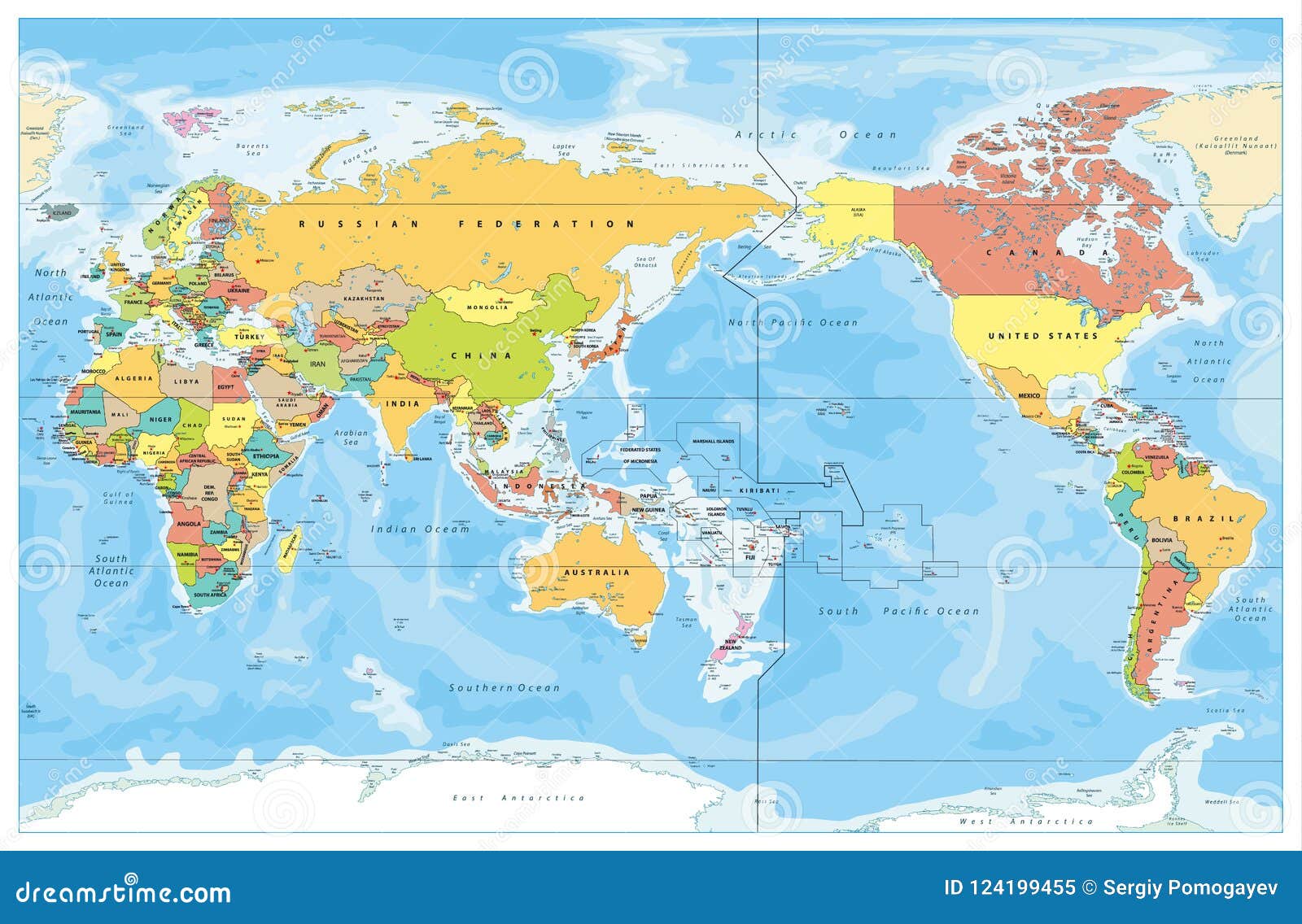 Pazifik Zentrierte Weltfarbige Karte Vektor Abbildung - Illustration