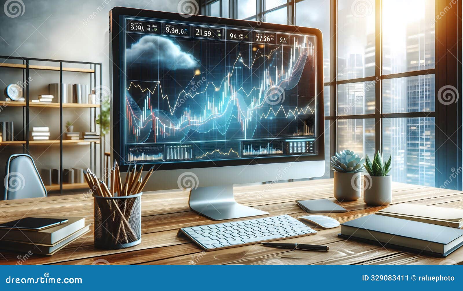 pc computer displays stock chart screen in modern office