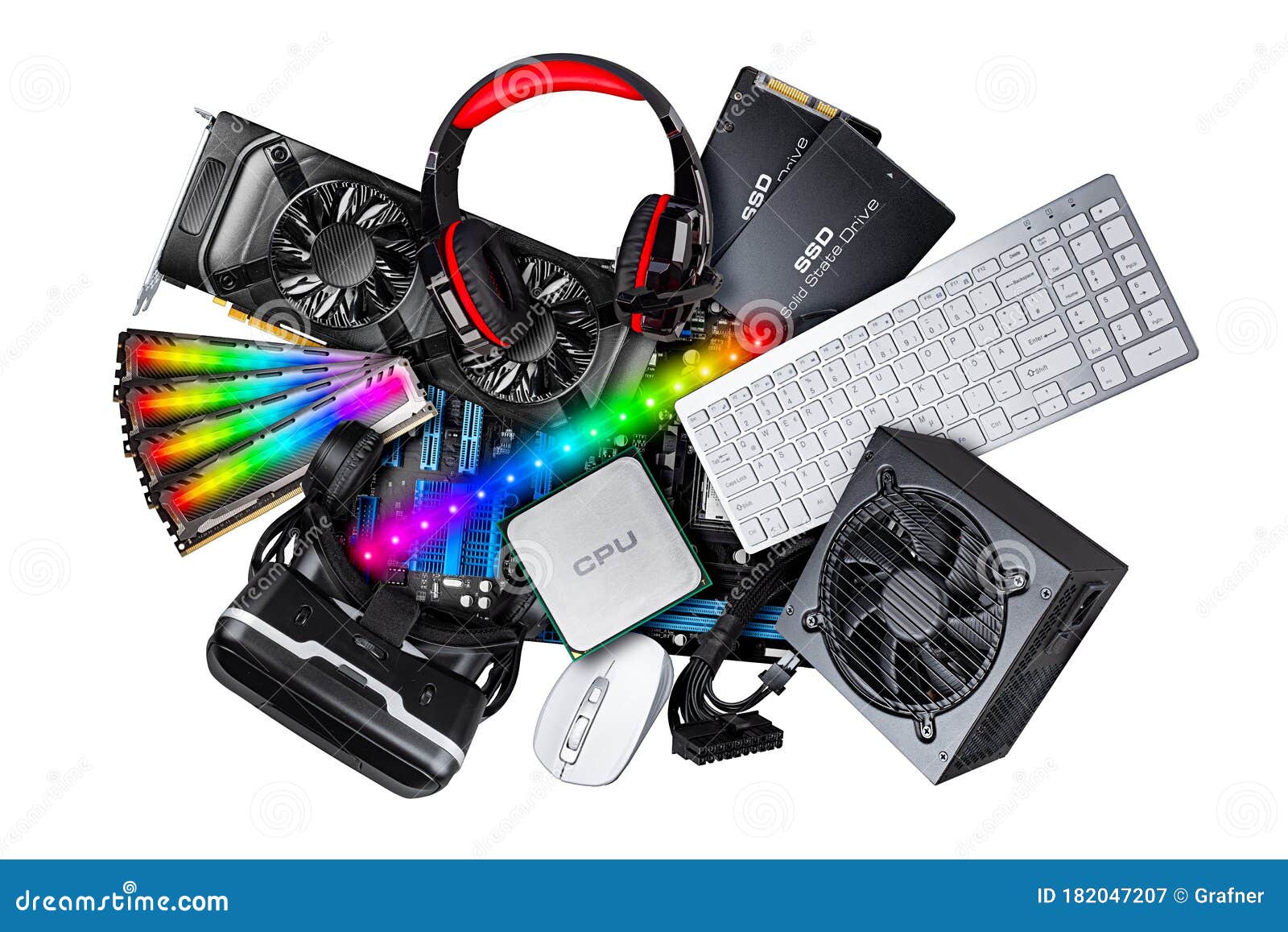 pc computer hardware components electronics collage. cpu micro processor graphics card power supply ddr ram headset vr glasses