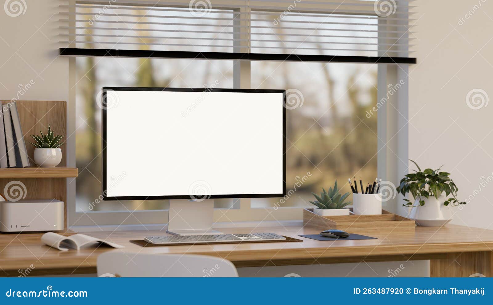 PC-Desktop-Computer-Mockup Ist Auf Einem Holztisch Mit Dekoration Gegen Das  Fenster. Heimbüro Stock Abbildung - Illustration von vorhänge, briefpapier:  263487920