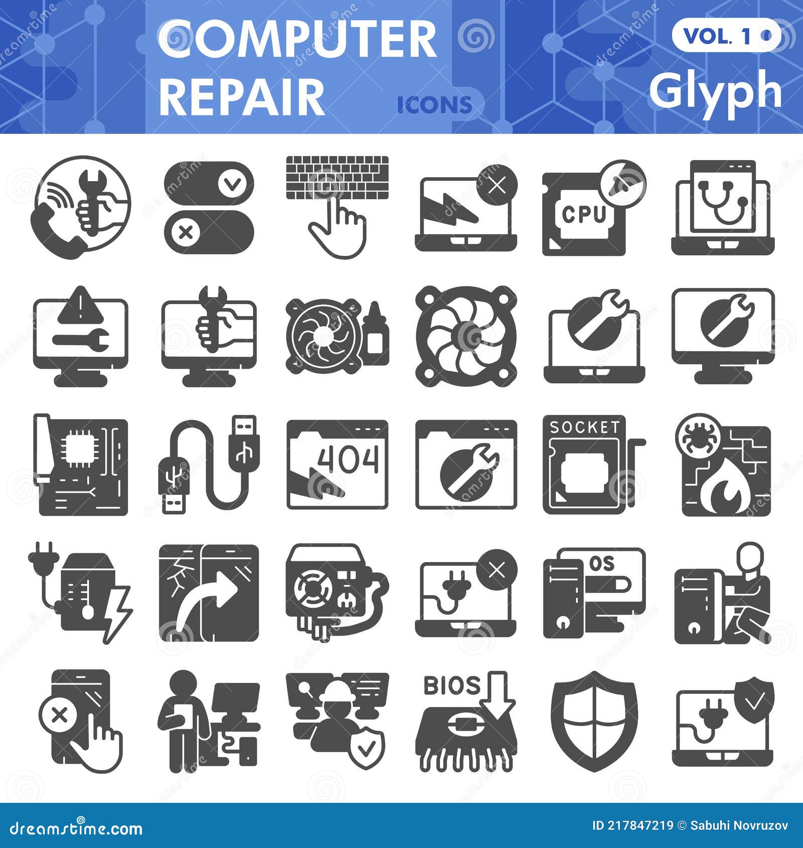 pcrepair solid icon set, computer s collection or sketches. pc repair glyph style signs for web and app. 
