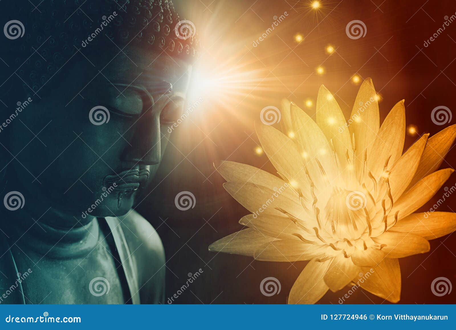 peace buddha face enlighten with golden lotus