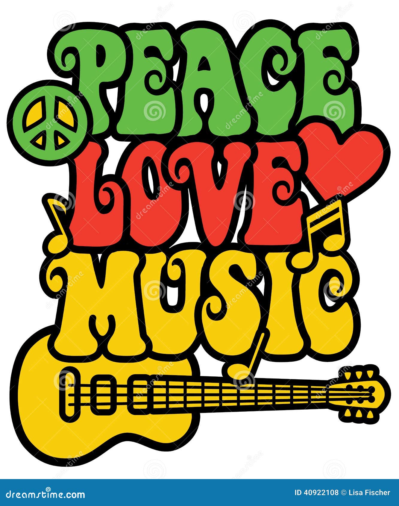 peace love and music in rasta colors
