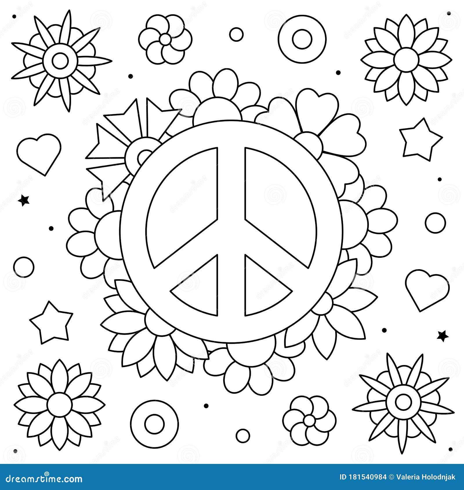 Peace Symbol. Coloring Page. Vector Illustration of Flowers. Stock ...