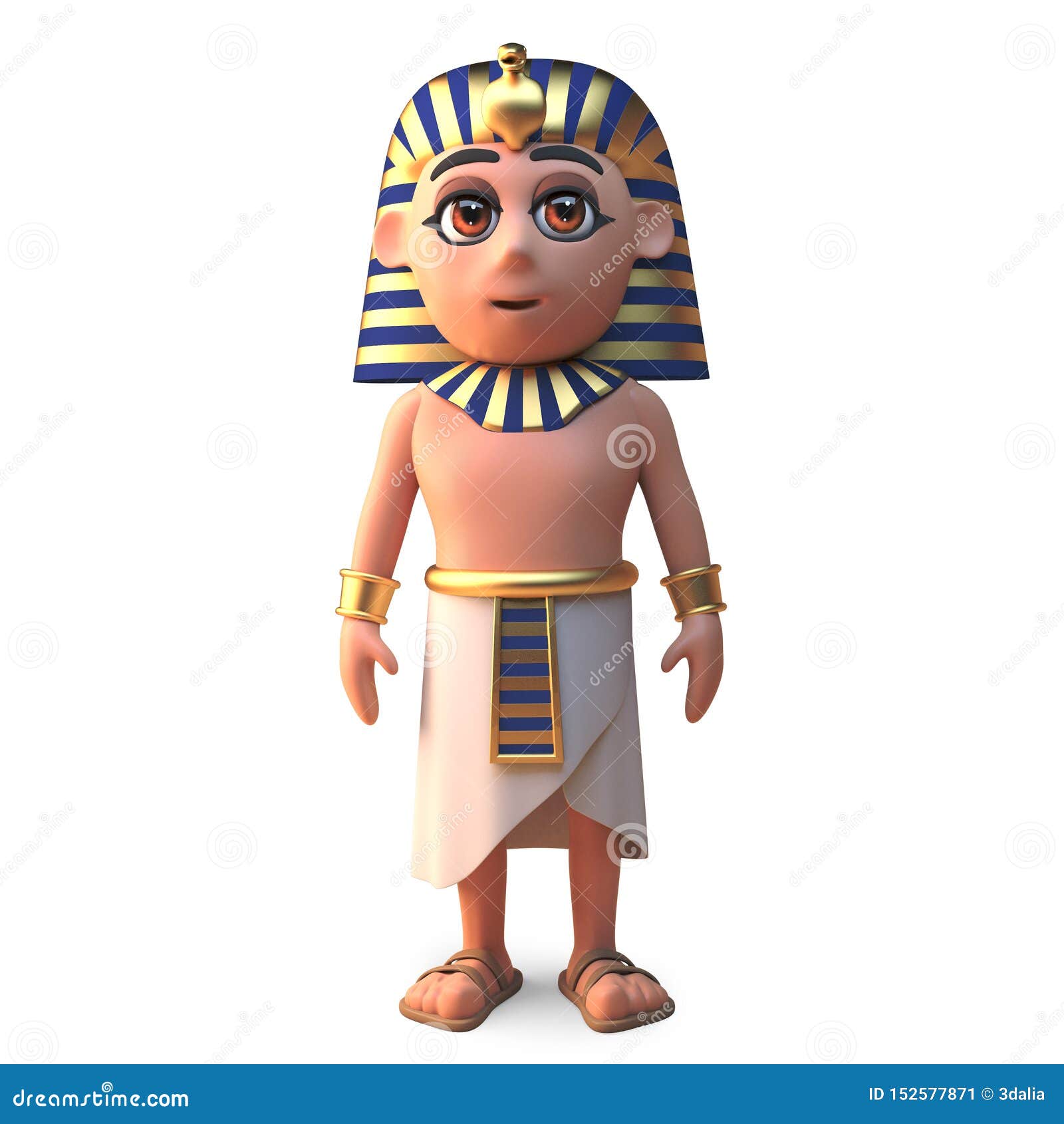 peaceful egyptian pharaoh tutankhamen stands erect, 3d 