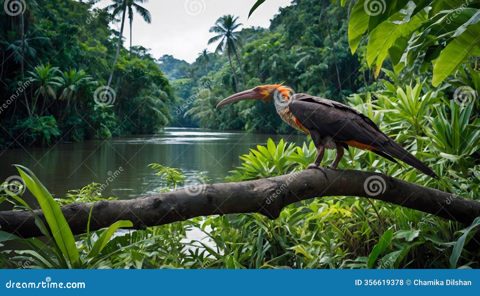 riverside rest: a pterodactylus perched on a branch among tropical foliage
