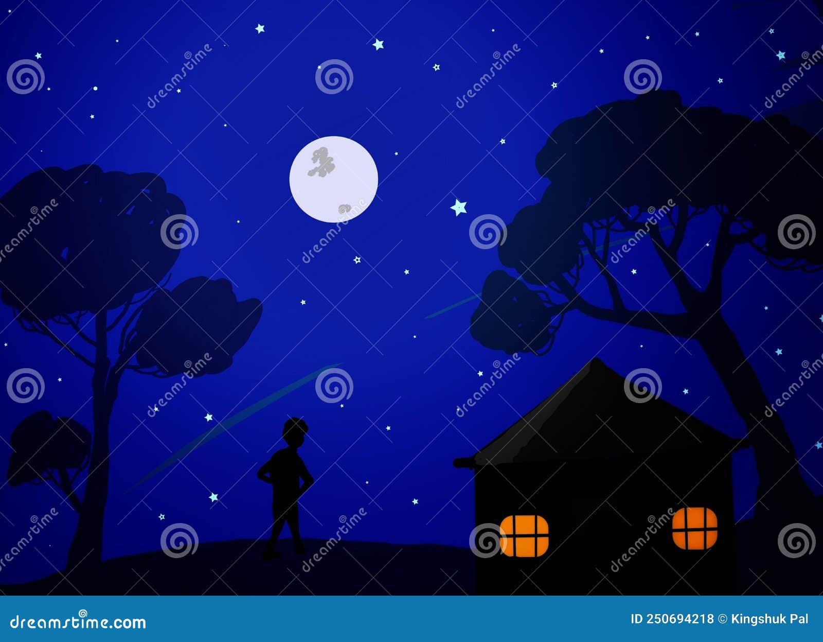 a peacefull night, with starry sky, full moon, tree, small house, and a silhouette man standing.