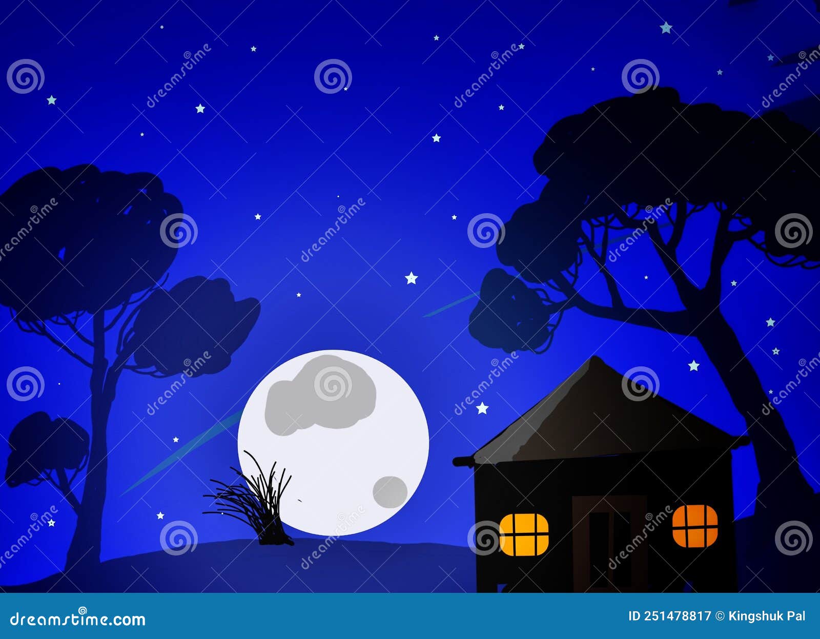 a peacefull starry night with, moon, tree, small house, and star, on landscapes background.