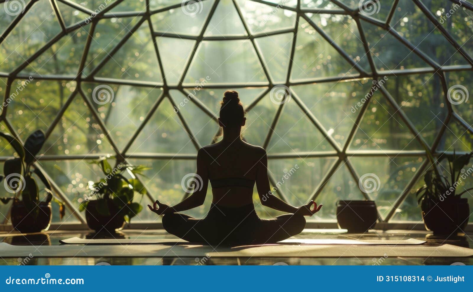 the peacefulness of nature and the gentle flow of morning yoga captured within the geometric  of a dome. 2d flat