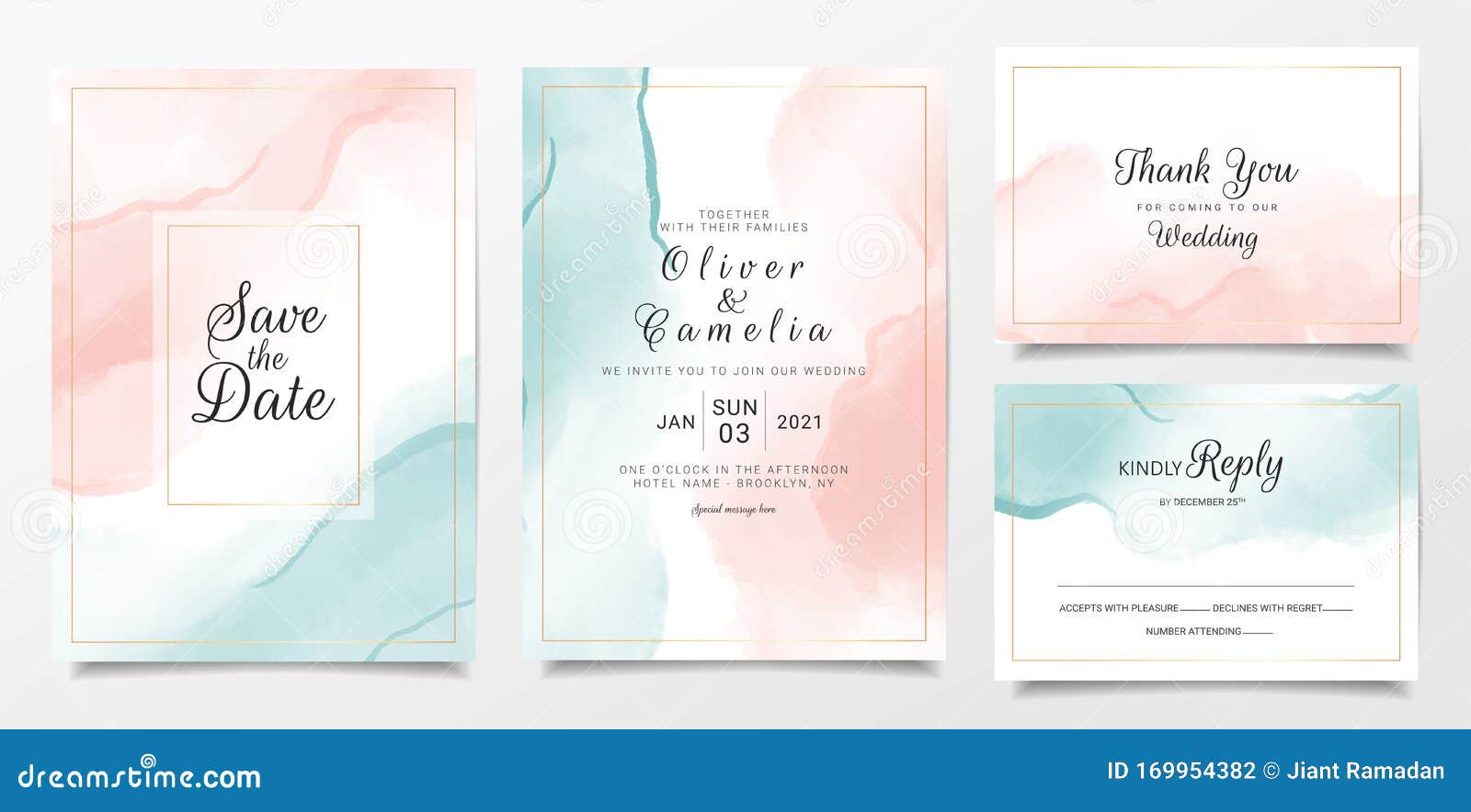 peach and blue watercolor wedding invitation card template set with gold line decoration. abstract background save the date,
