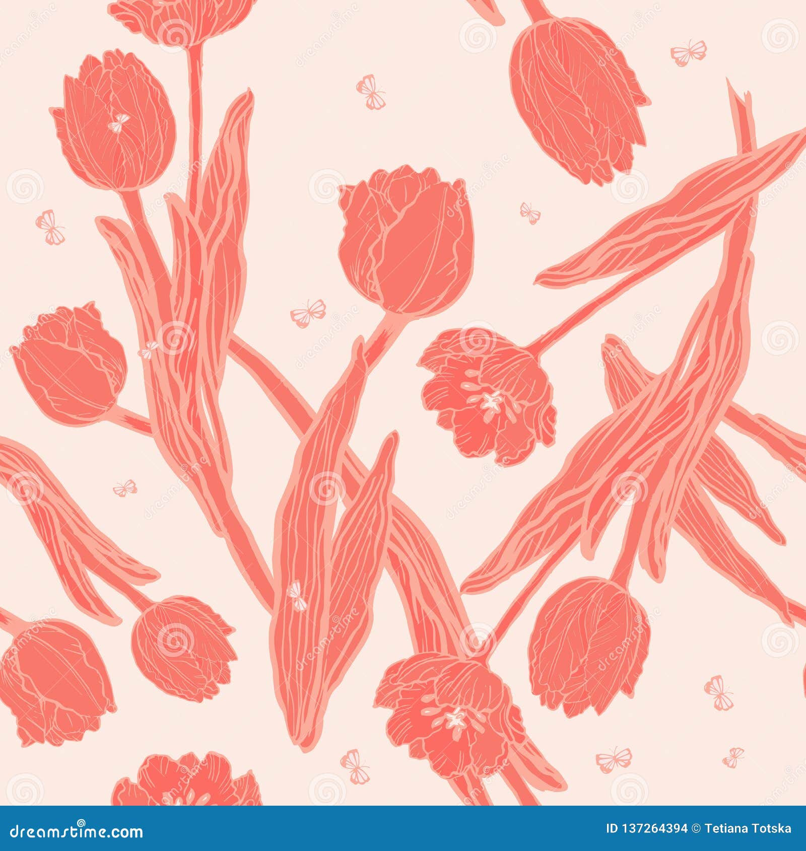 Peach Coral Tulips with Coral Butterflies Seamless Pattern Stock ...